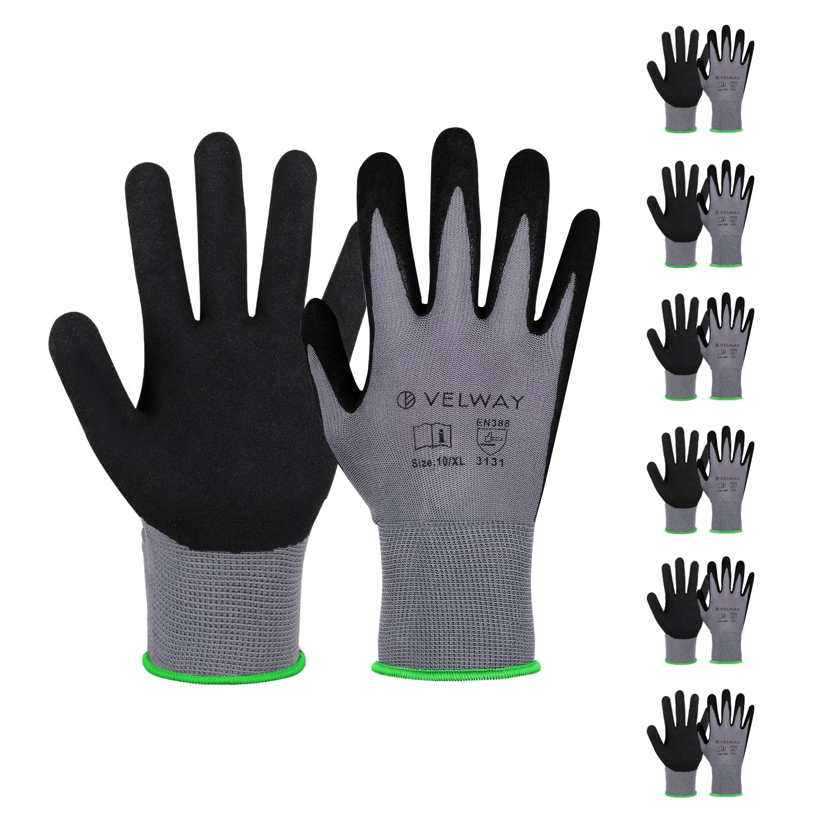 Velway Work Gloves for Men Women - 6 Pairs Firm Grip Nitrile Frosted Palm Coated Gardening Gloves Breathable Seamless Knit Nylon Dexterity Protecting Working Gloves for General Duty Work (Size 8/M)