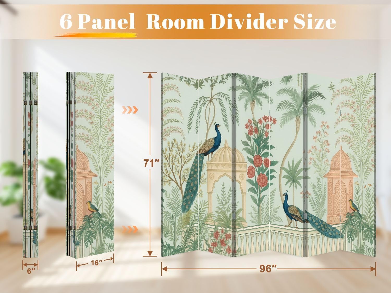 6 Panel Room Divider Screen Traditional Mughal Garden Arch Peacock Plant Bird Seamless Folding Privacy Screen Canvas Wall Divider Wood Room Separator Portable Freestanding Partition 6Ft