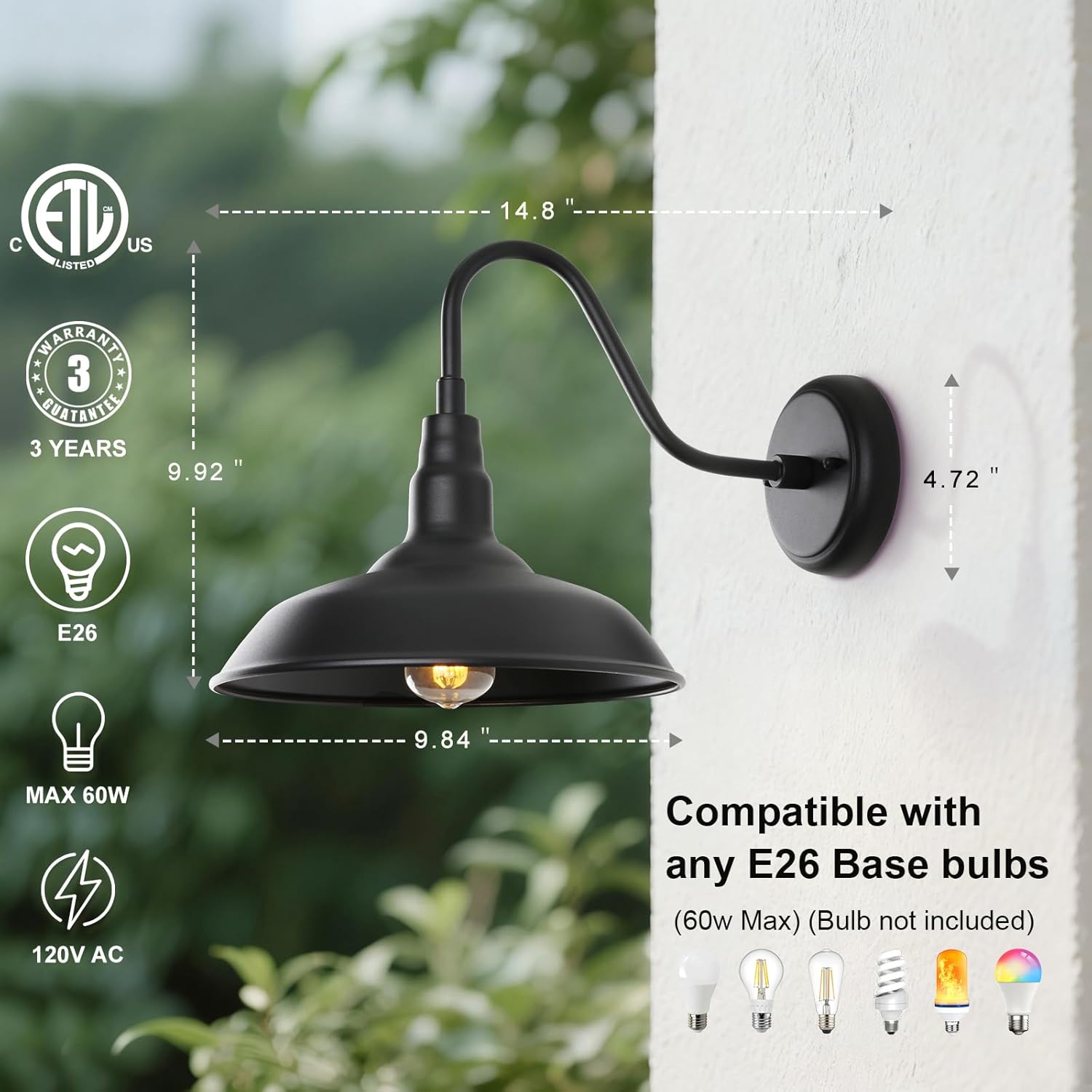 Black Gooseneck Barn Light for Farmhouse 10 Inch Dome Exterior Lights Fixture with Wall Mount, Outdoor Wall Sconce for Garage Porch Patio
