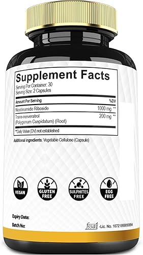 Miniatura 7 de Suplemento 2 en 1 con ribósido de nicotinamida y resveratrol - 60 cápsulas durante 30 días