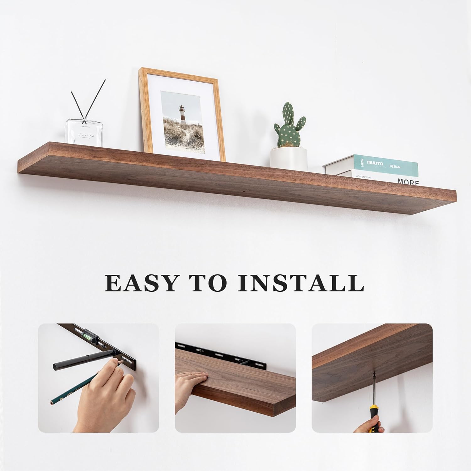 Fun Memories Floating Shelves, 8 Inch Deep Floating Shelves, Natural Oak Wood Floating Shelf 48 Inch Long, Rustic Wooden Wall Shelves for Home Storage, 48" W x 8" D, Walnut Color, Set of 1
