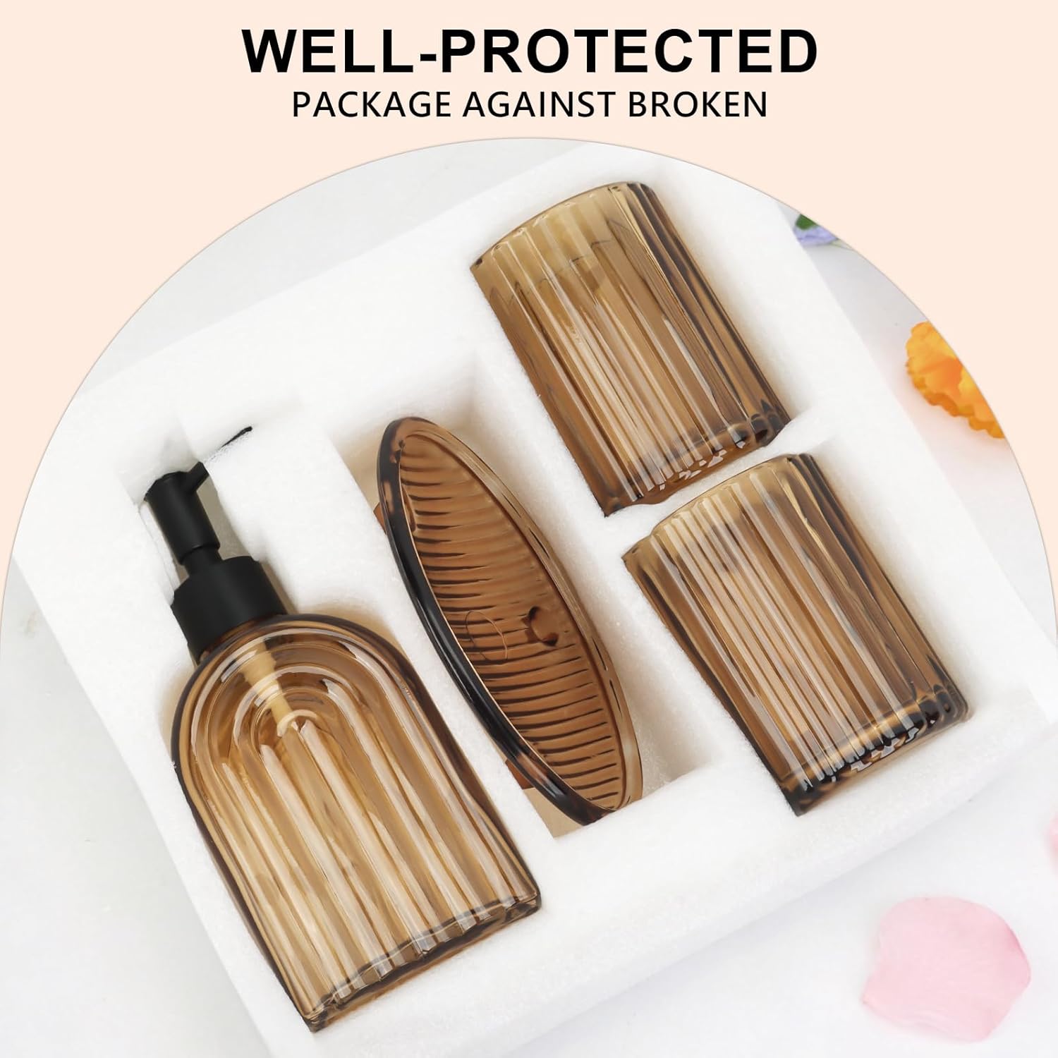 4Pcs Glass Bathroom Accessories Set,Amber Bathroom Accessory Set,Bathroom Counter Sink Toothbrush Holder Set Includes Hand/Lotion Soap Dispenser & Tumbler & Soap Dish