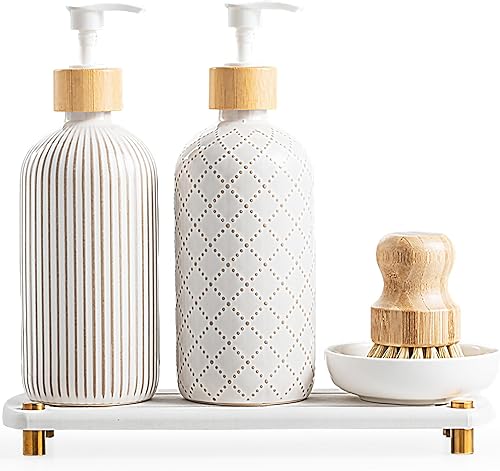 Getstar Juego de dispensador de jabón para manos y platos con bandeja de secado instantáneo y cepillo para platos, dispensador de jabón de cerámica