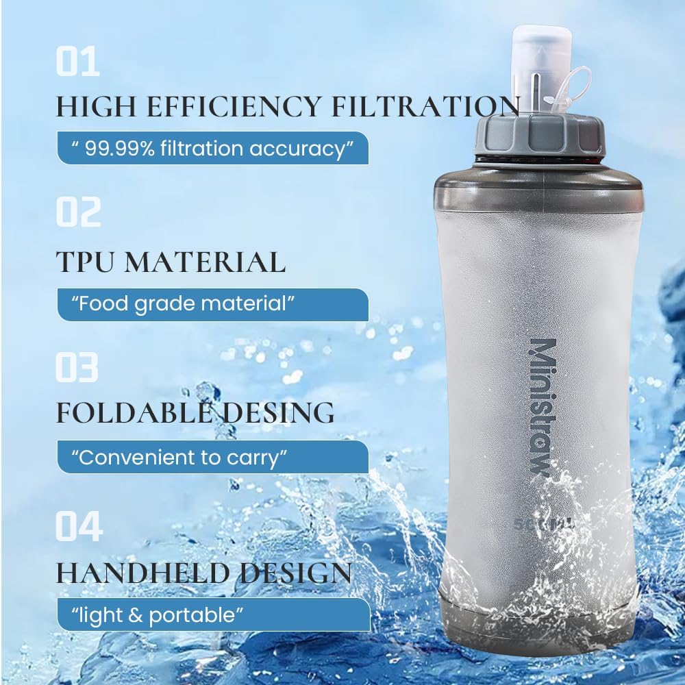 Collapse Filtered Water Bottle for Fishing Backpacking 500ml, Ultralight Portable Edible Grade Silicone Soft Flask with Water Filter for Traveling Camping Cycling WB001