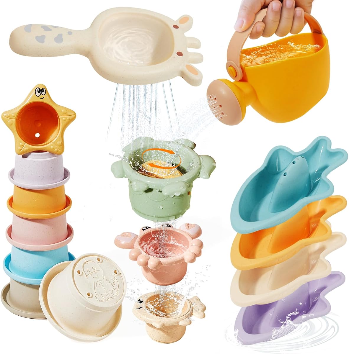Baby Bath Toys for Kids Ages 1-3, 16PCS Mold Free Bath Toys for Toddler 2-4 & Babies 12-18 Months Bath Cups Watering Can Montessori Bathtub Beach Pool Water Table Toys for 1+ Years Old