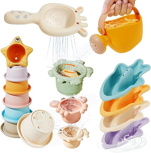 Juguetes de baño para niños de 1 a 3 años, 16 unidades | Juguetes de baño fáciles de limpiar y sin moho para bebés con tazas apilables | Regadera,
