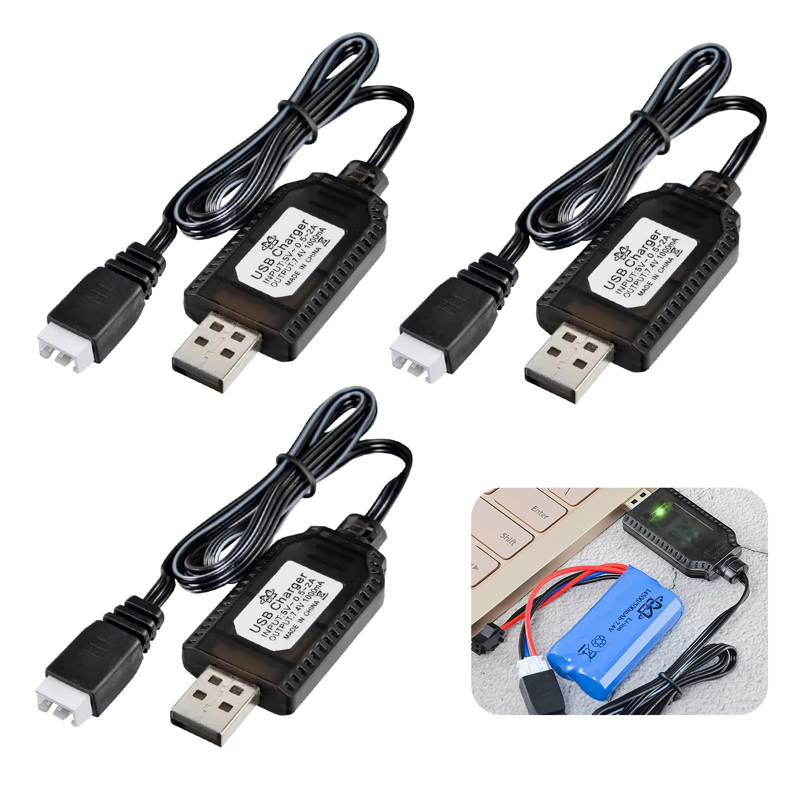 NGUIT 3PCS 7.4V 2S LiPo Battery Charger USB RC Battery Connector with XH-3P Plug Universal 7.4Volt 1A Charging Cable for 18650 Batteries LED Indicator for Remote Control Toys Drone Quadcopter/Vehicles