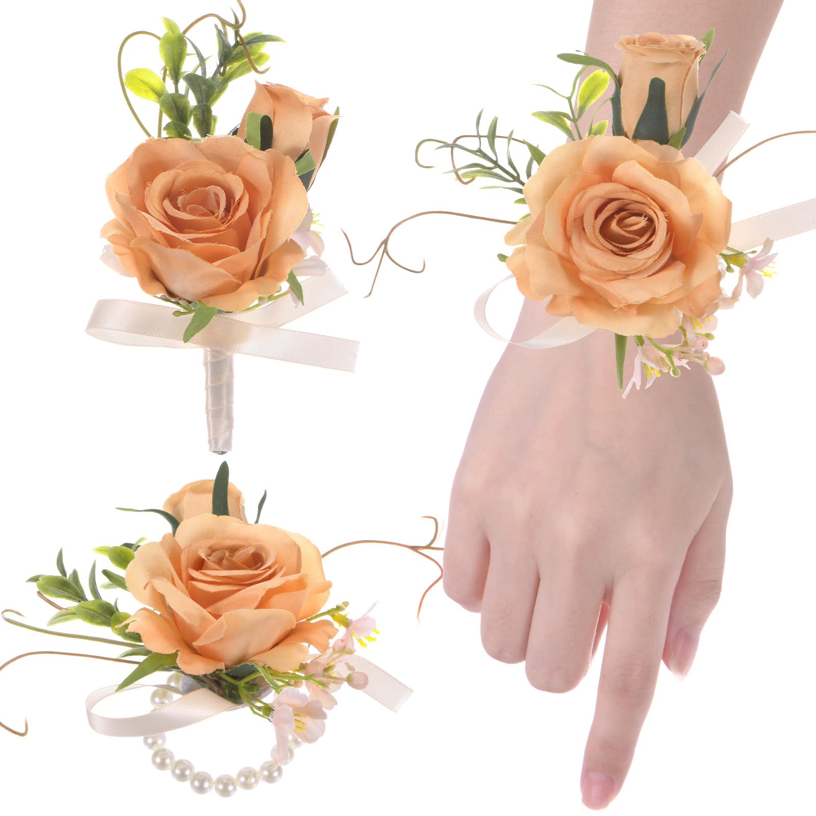 M METERXITY 1-Set Wrist Corsage and Boutonnieres Set, Artificial Flower Wrist Corsage Bracelets and Men Corsage for Wedding/Party/Prom/Decorations, Flower Wrist Corsage Set [Orange]