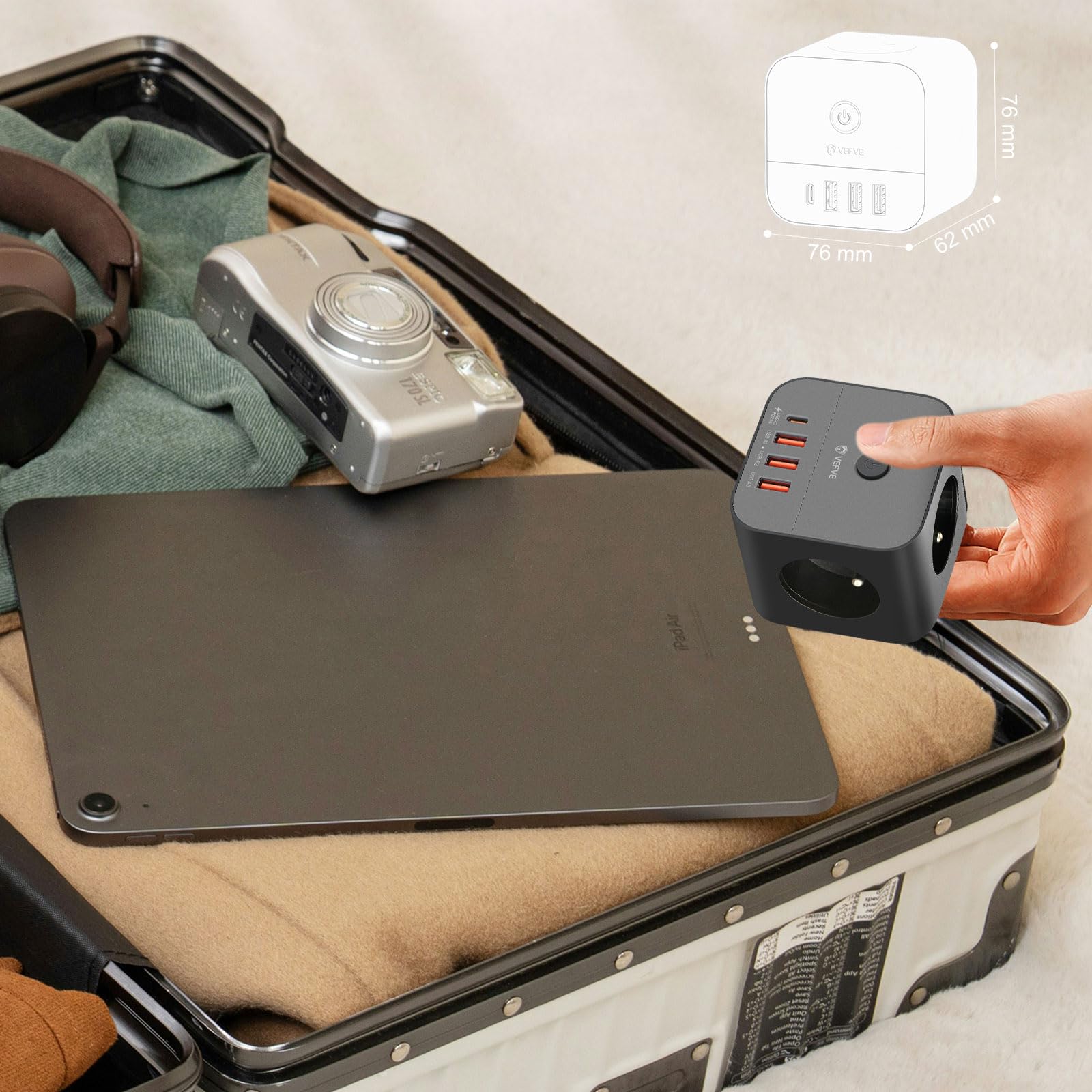 VEFVE Ciabatta elettrica cubo 7 in 1 (tipo E, standard belga/francese), 20 W USB-C Caricatore rapido con interruttore, spina di derivazione senza cavo (3 prese 3680 W, 4 USB) - Nero