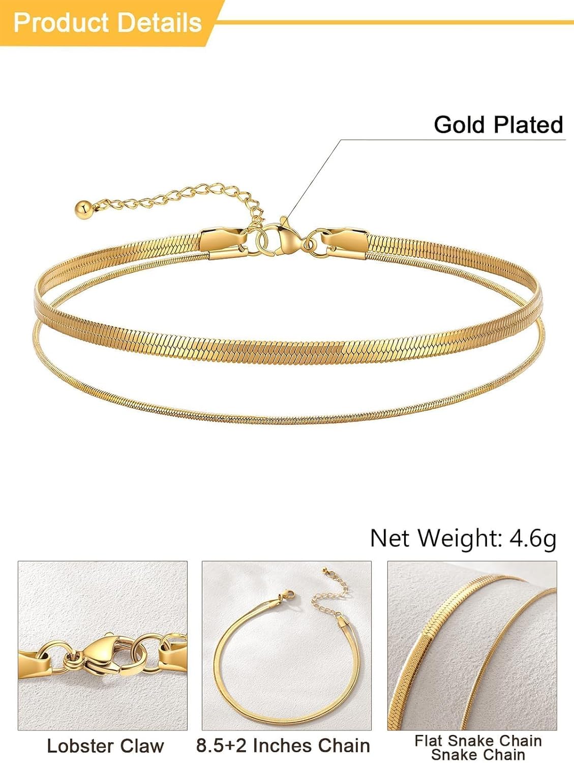 U7 Silver/Gold Ankle Bracelets for Women Layered Chain Anklets Stainless Steel Waterproof Summer Beach Anklet Cham, Adjustable 8.5"-10.5"
