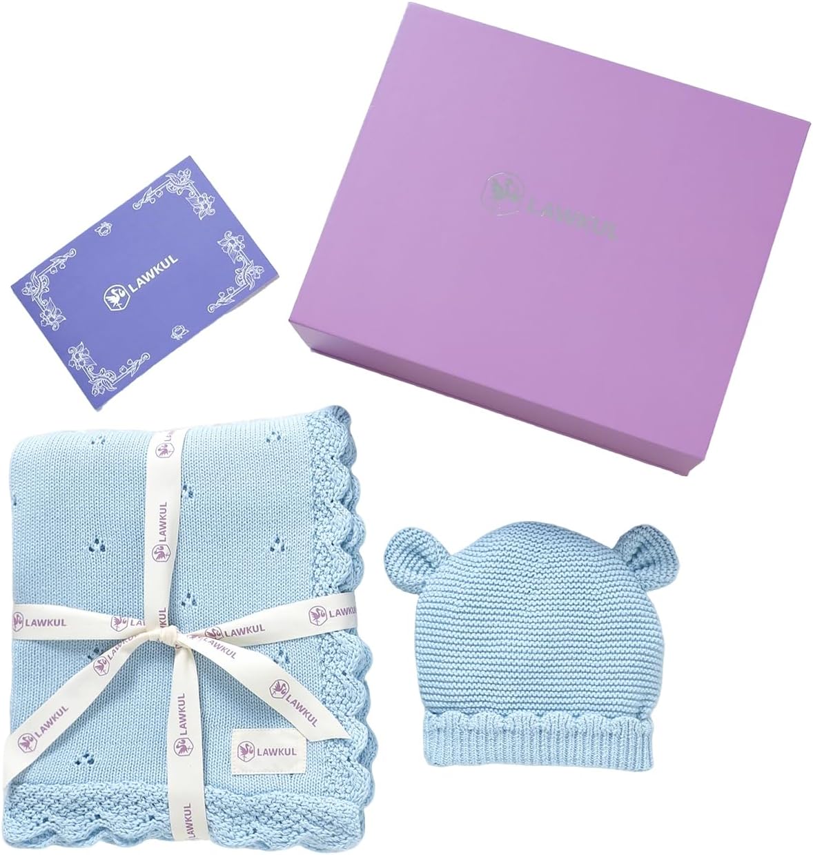 LAWKUL Baby Blanket & Beanie Hat Set 100% Organic Cotton Newborn Swaddle Beanie Soft Cozy for Infants Boy Girl Gift Blue