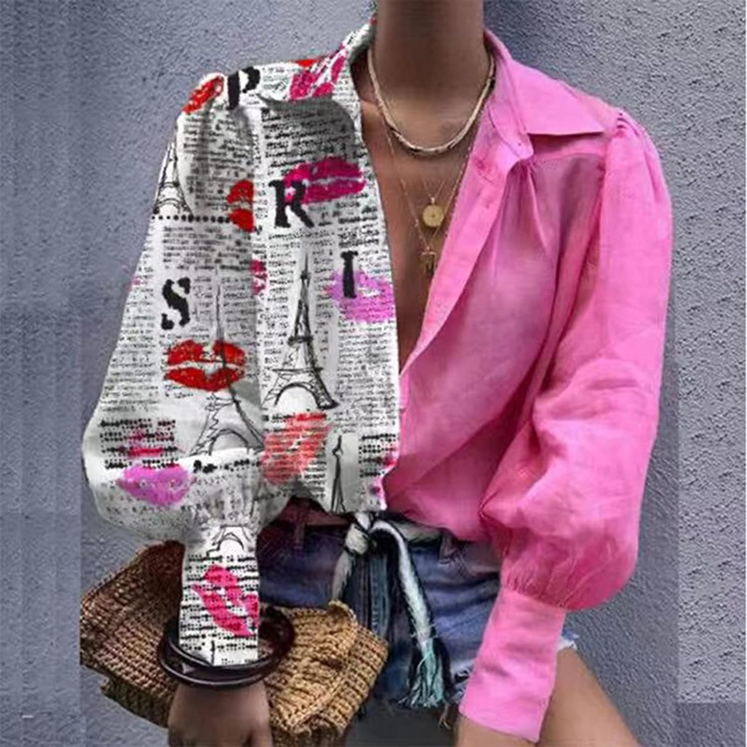 Peigen Women's Shirts Top Fall Sexy V Neck Blouses Casual Loose Long Sleeve Fashion Lapel Buttons Tops Elegant : Clothing, Shoes & Jewelry