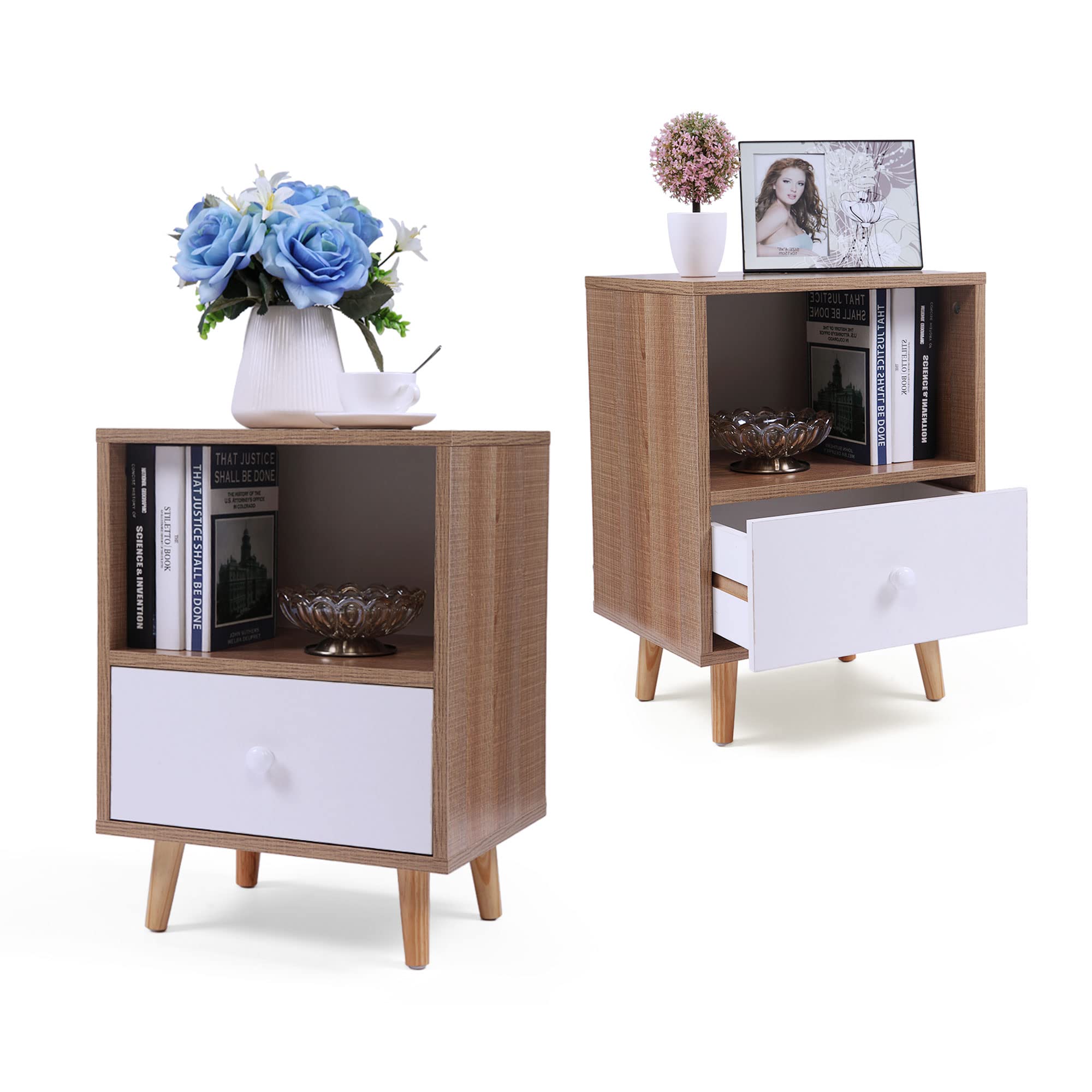 Set of 2 Nightstand Beside End Table with Drawers,Modern Small Nightstands for Living Room Bedroom Kids Room,Rustic Wood …