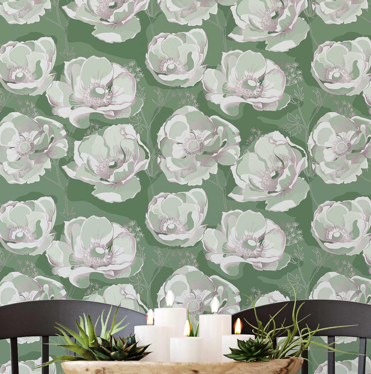 Mural verde floral removible para decorar el baño y lavandería