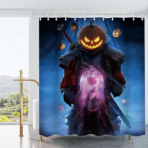 Miniatura 4 de Cortina de ducha con diseño de caballero de calabaza, 72 x 72 pulgadas, diseño de caballero con forma de rosa en bosque brumoso, decoración de baño,
