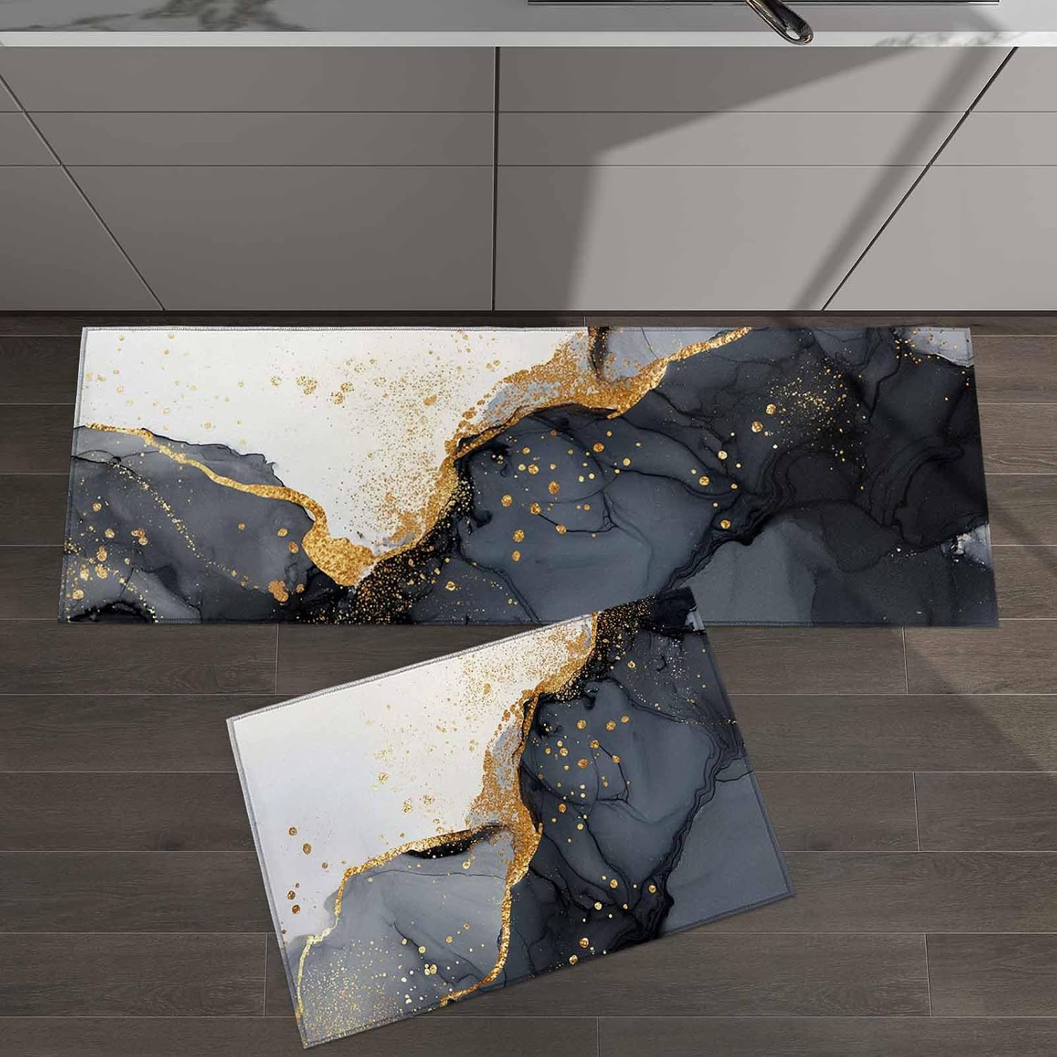 2 Pieces Kitchen Rugs and Mats,Modern Black Gold Mable Fluid Pattern Area Runner Rug Set Non Slip Floor Doormat Washable Carpet Standing Mat for Kitchen Sink Indoor Corridor,Minimalist Marbleized