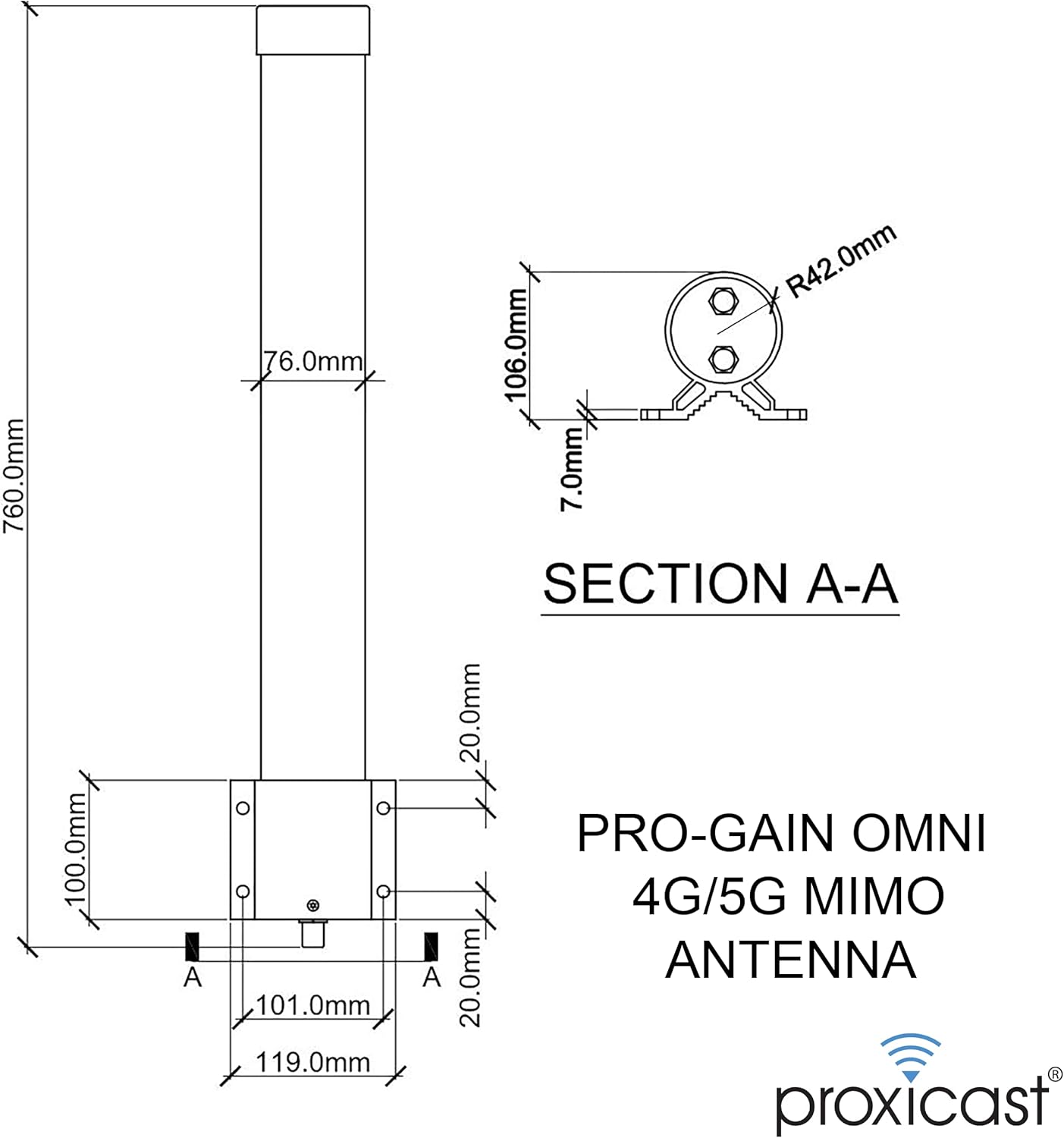 Proxicast Pro-Gain 4G / 5G MIMO Antenna - Wide-Band Omni-Directional for Cellular Modems & Routers on Verizon, ATT, T-Mobile, Telus, Bell Canada, Rogers, Movistar, Telcel, Claro (ANT-127-05M Carbon)