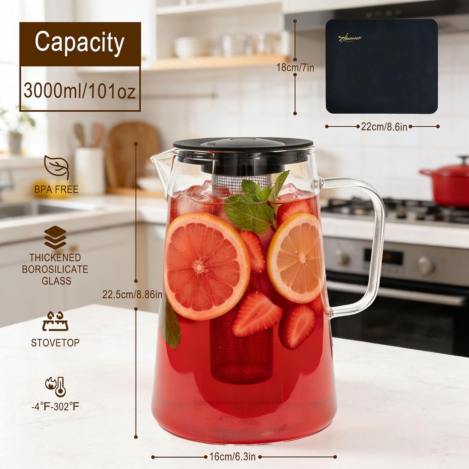 Glass Pitcher with Lid,3 Liter 101oz Glass Water Pitcher,Cold/Hot water jug, Iced Tea Pitcher, Large Jug for Coffee, Juice and Homemade Beverage