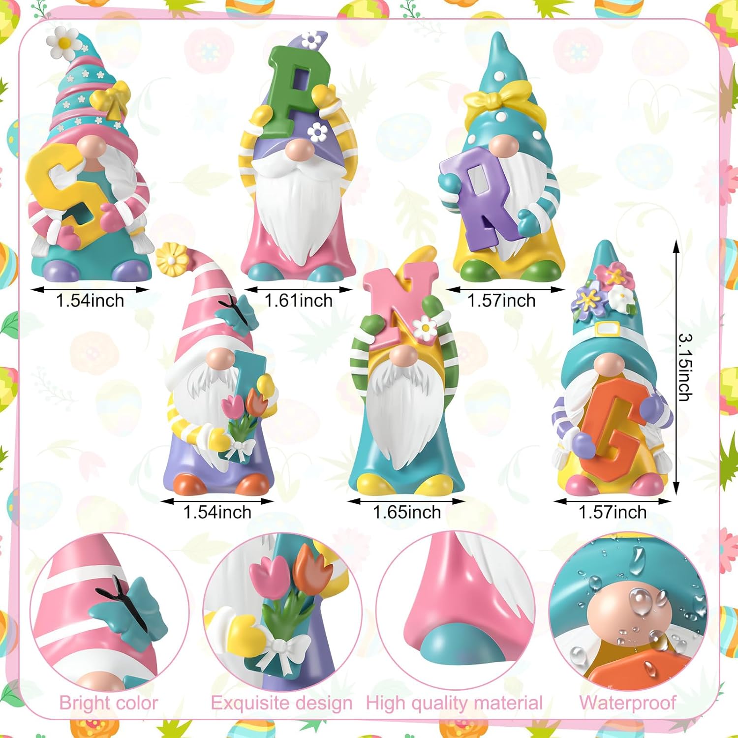 ShinyRelief 6 Pcs Spring Figurines Resin Gnome Tabletop Purple Pink Yellow Floral Sculpture Decoration Flower Table Centerpiece for Dining Room Home Party Supplies Gifts Decor