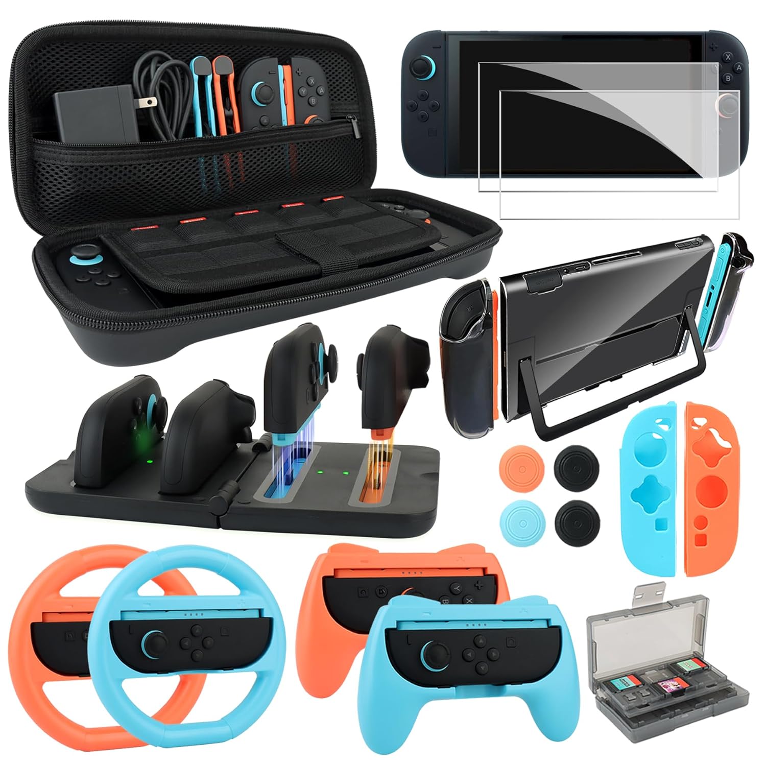EOVOLA Accessories Kit for Nintendo Switch 2(2025), Bundle Set With Carrying Case& Screen Protector Joy Con Grips &Charger and Steering Wheels.