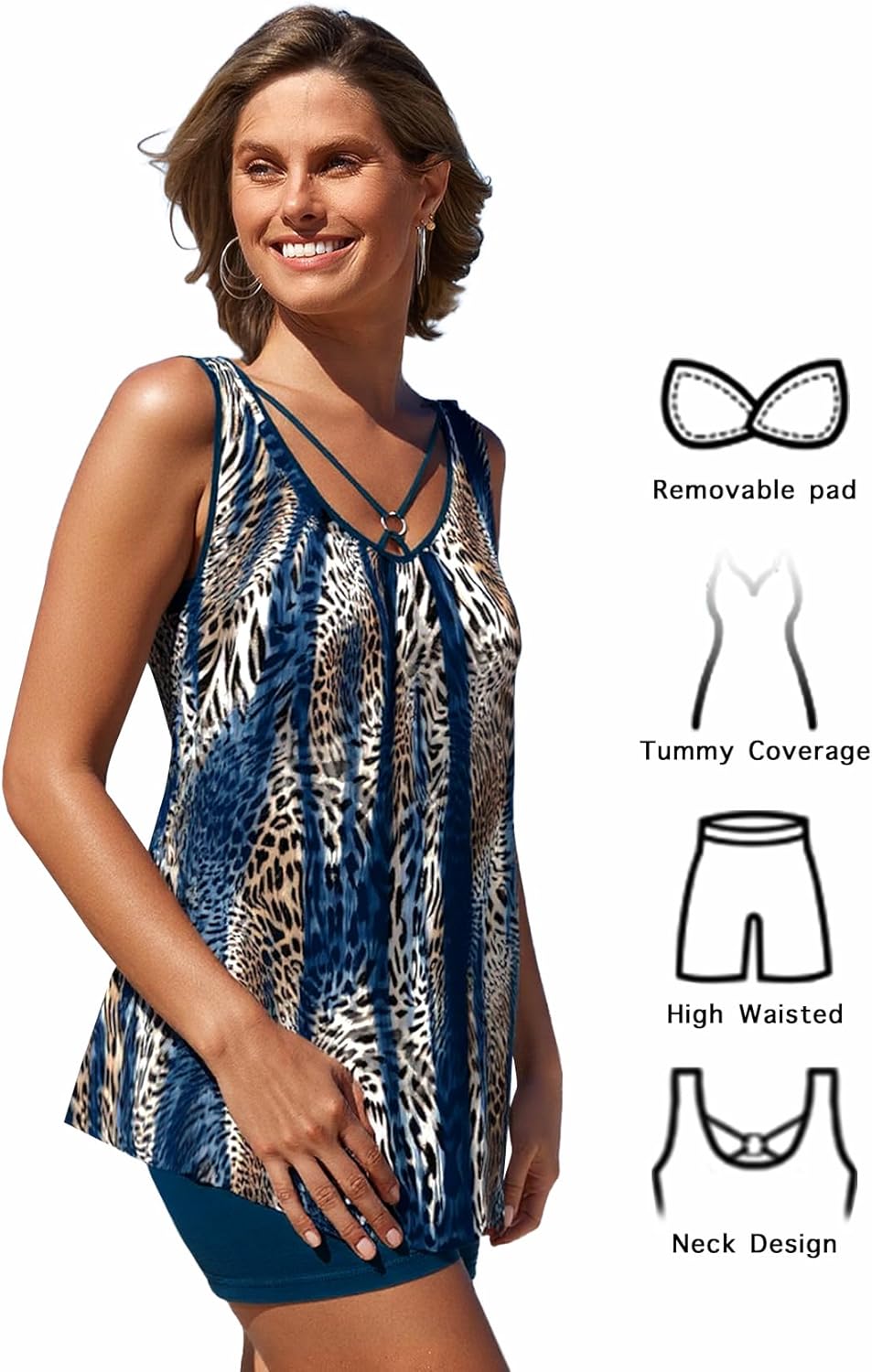 MODLILY Tummy Control Womens Tankini Swimsuits, Two Piece Metal Ring Bathingh Suits, Tank Top with High Waisted Boyshorts - Image 6