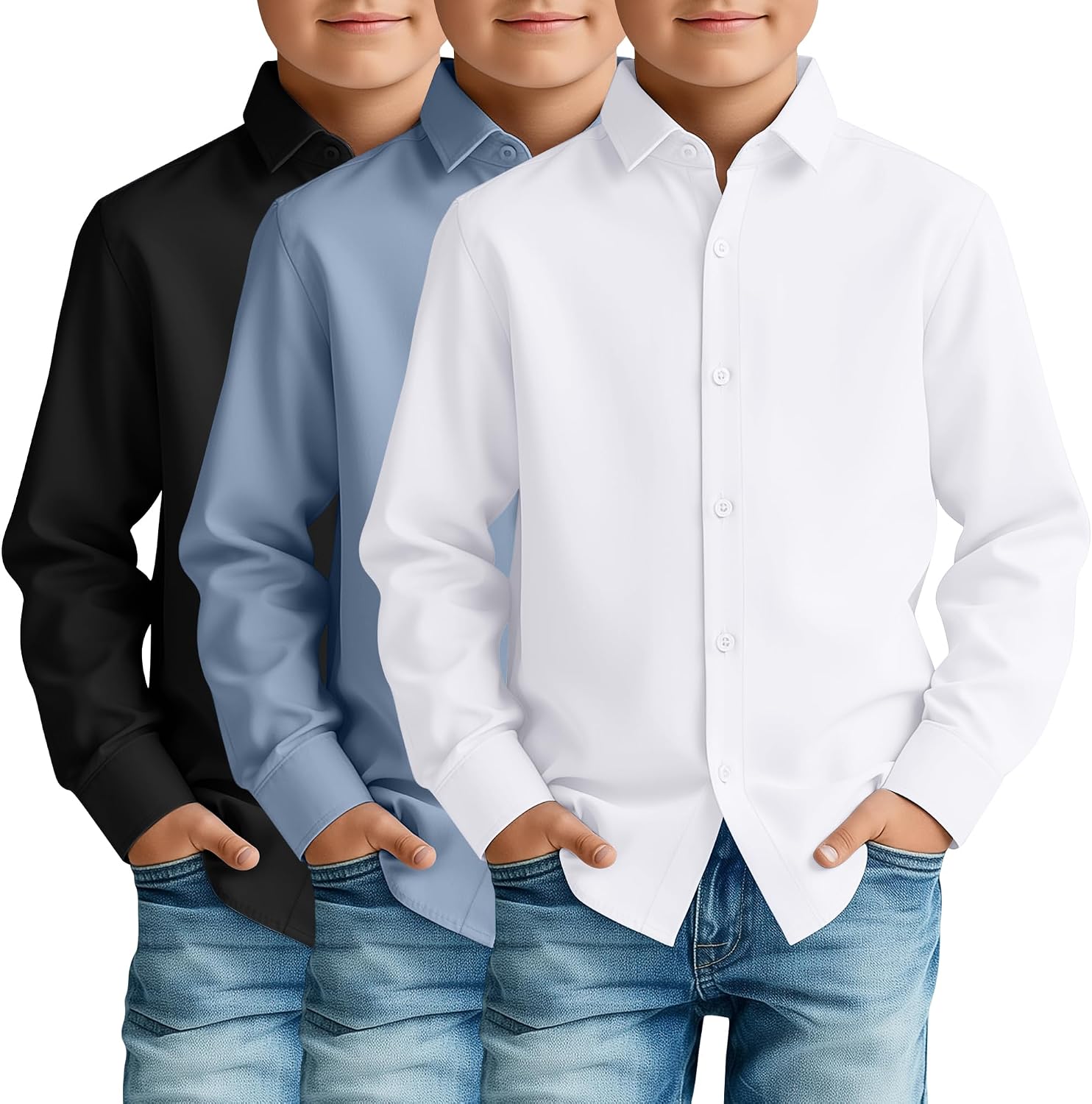 3 Pack Boys' Long Sleeve Dress Shirts Back to School Button Down Shirts Kids Collared Button Up School Uniform Tops