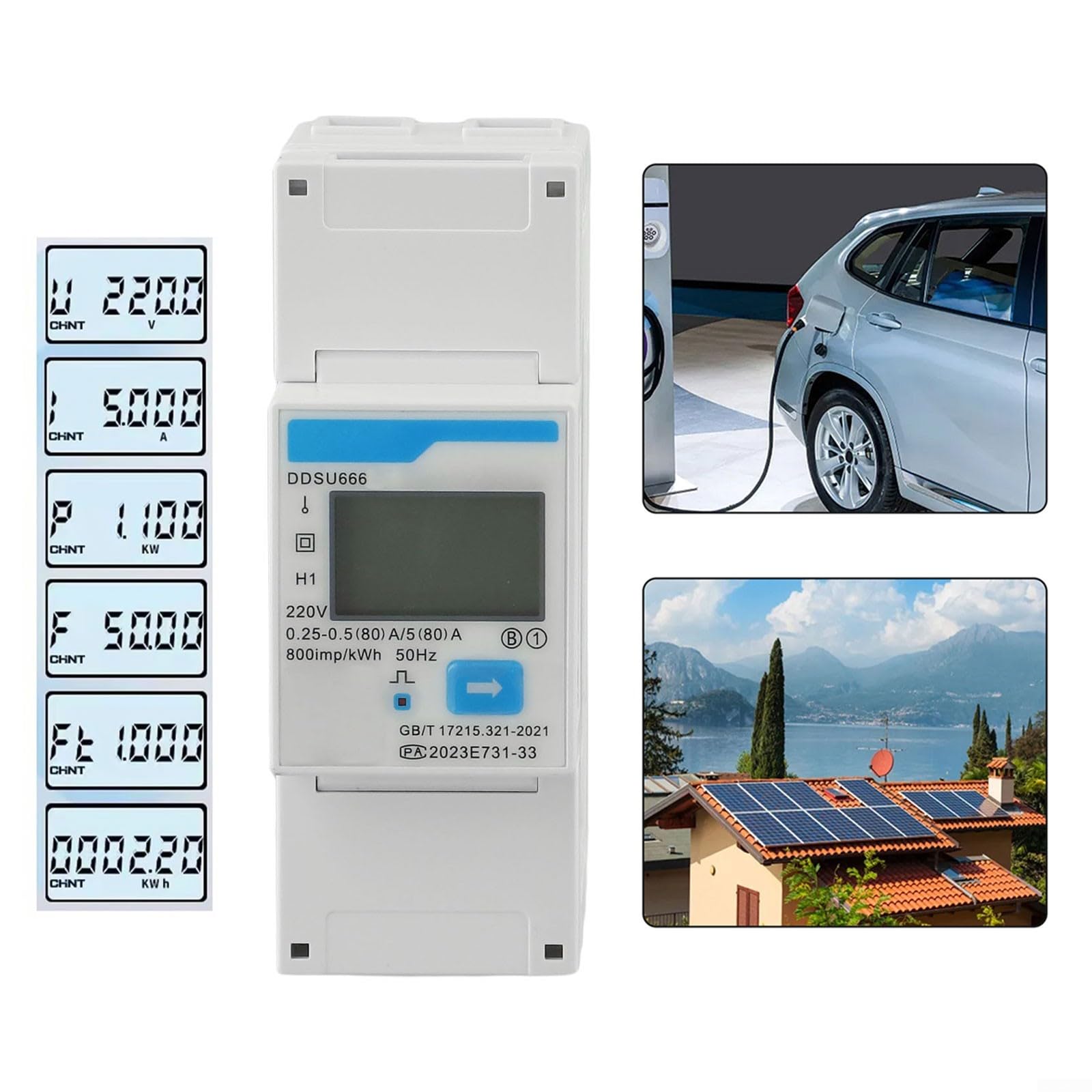 Para medidor de electricidad monofásico DDSU666 220-240V 80A, montaje en riel DIN con RS485, para cargadores solares fotovoltaicos y EV, certificado M ID y C E, blanco (98 x 36 mm)