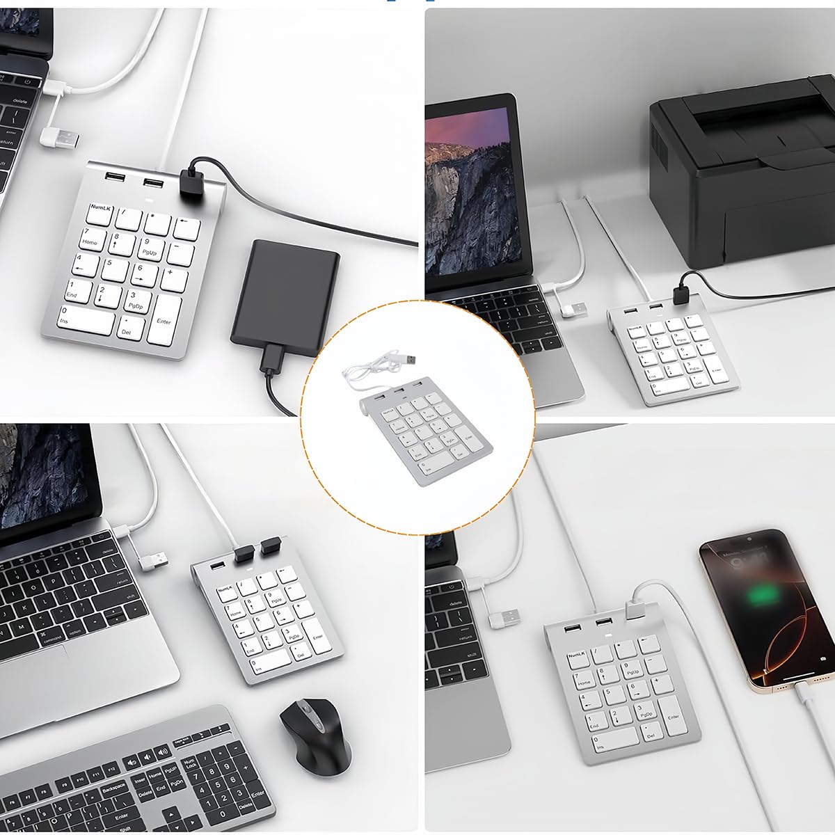 Przewodowa klawiatura numeryczna, 18 klawiszy z blokiem numerycznym i 3 portami USB 2.0, przenośna i funkcyjna do laptopów, komputerów stacjonarnych, tabletów, Plug & Play