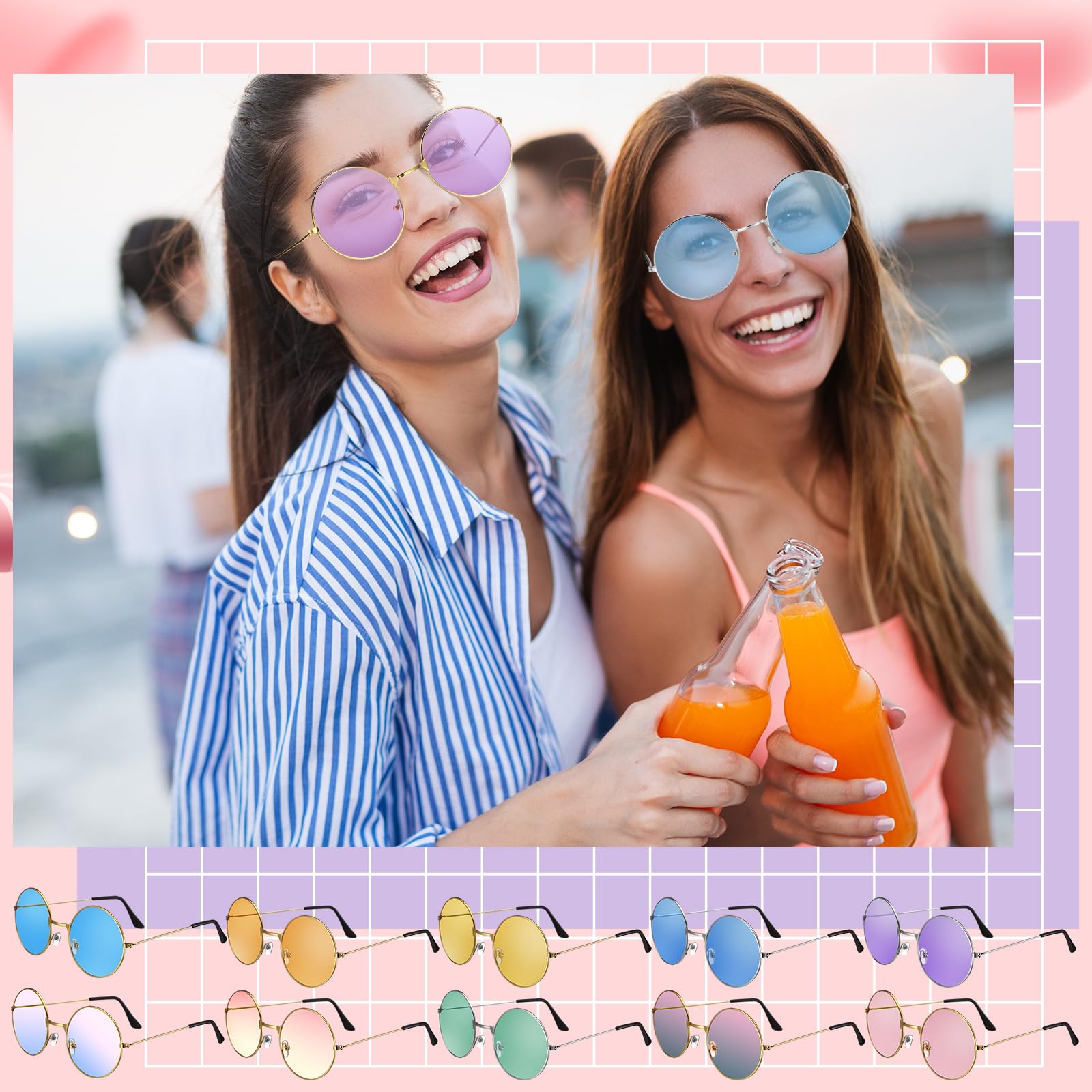 Kanayu Paquete de 50 pares de lentes de sol redondos hippie, lentes de colores circulares, estilo retro de los años 60 y 70, para mujeres y hombres