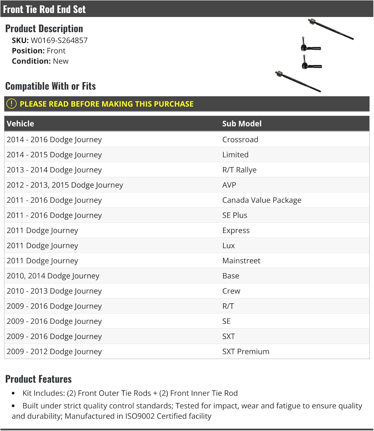 Front Inner and Outer Tie Rod End Set - 4 Piece - Compatible with 2009-2016 Dodge Journey