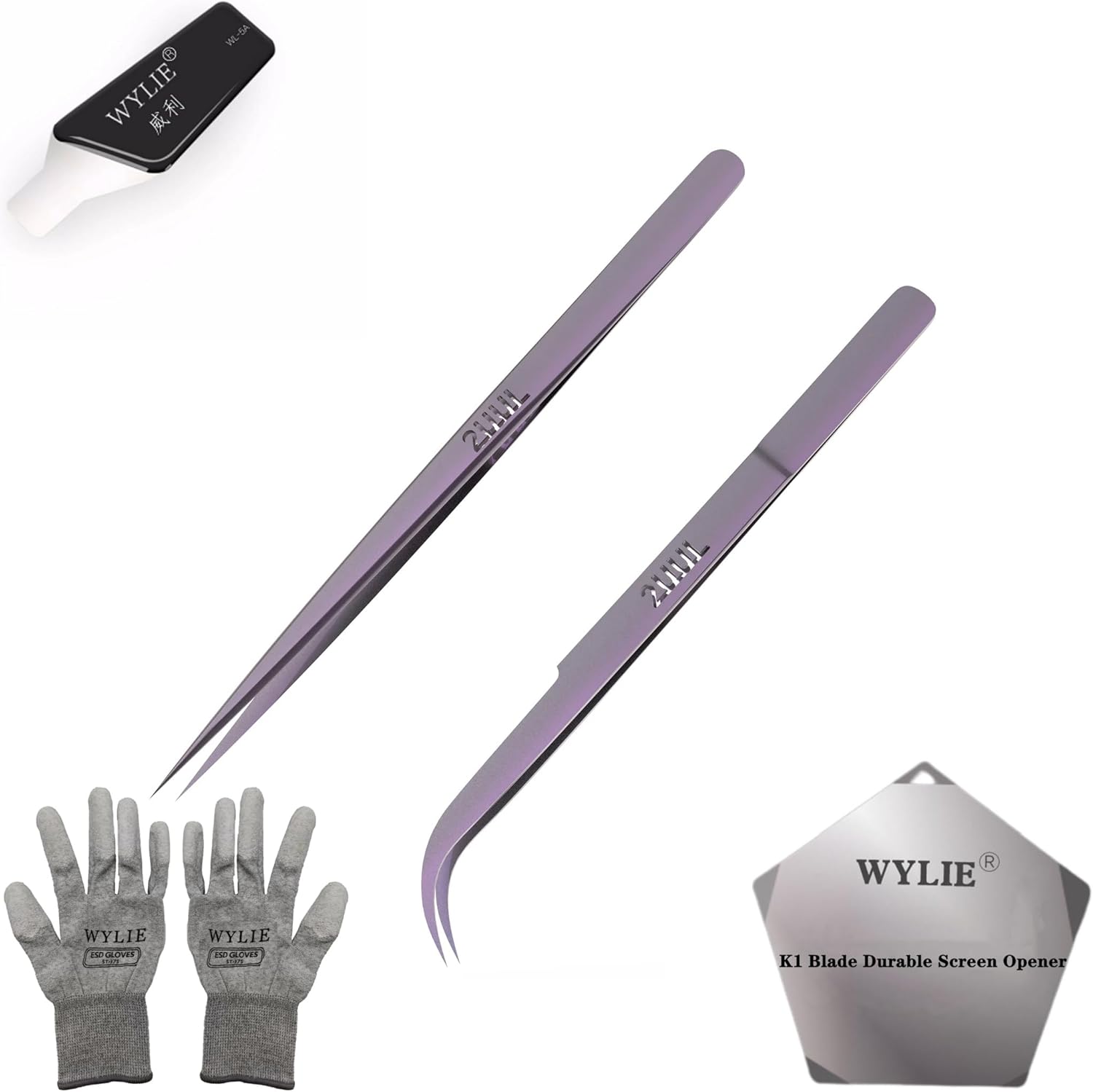 2UUL Purple Titanium Ultralight Tweezer Curved Head Straight Head Tweezers for Precise Phone Board Repair WYLIE Tools Set for iPhone Repair 6 Pack