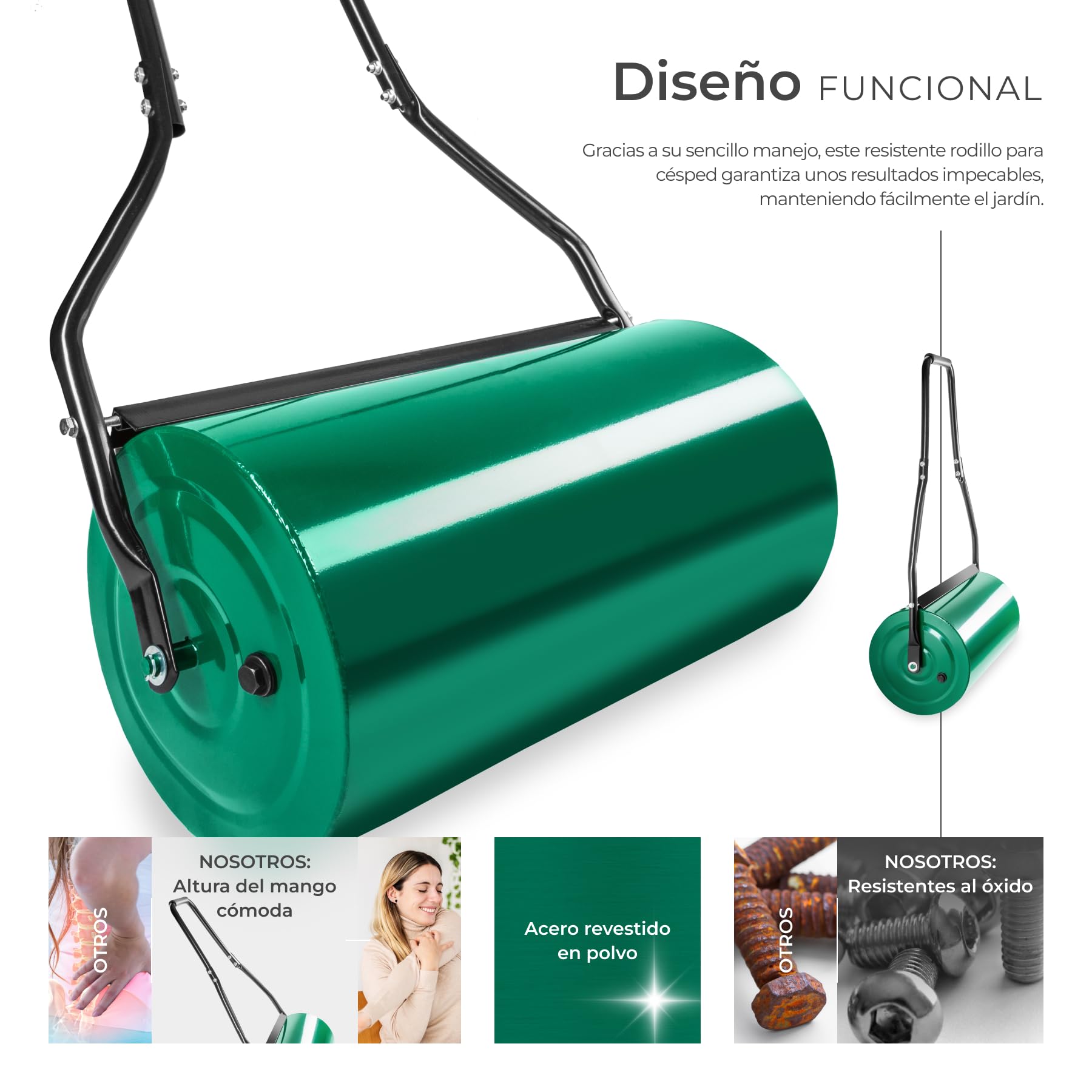 tectake Rodillo de Césped de Metal 60 cm de Ancho para Remover la Tierra para Plantas, con Rascador de Suciedad, Rodillo Compactador Tierra, Mango Acolchado, Decoracion Jardin Exterior - 50 litros