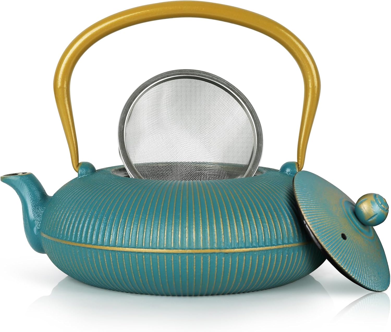 Jotsport Green Cast Iron Teapot Large Capacity 40oz/1200ml with Infuser for Loose Leaf Stovetop Safe Vertical Stripe Flat Tea Kettle, Enameled Interior