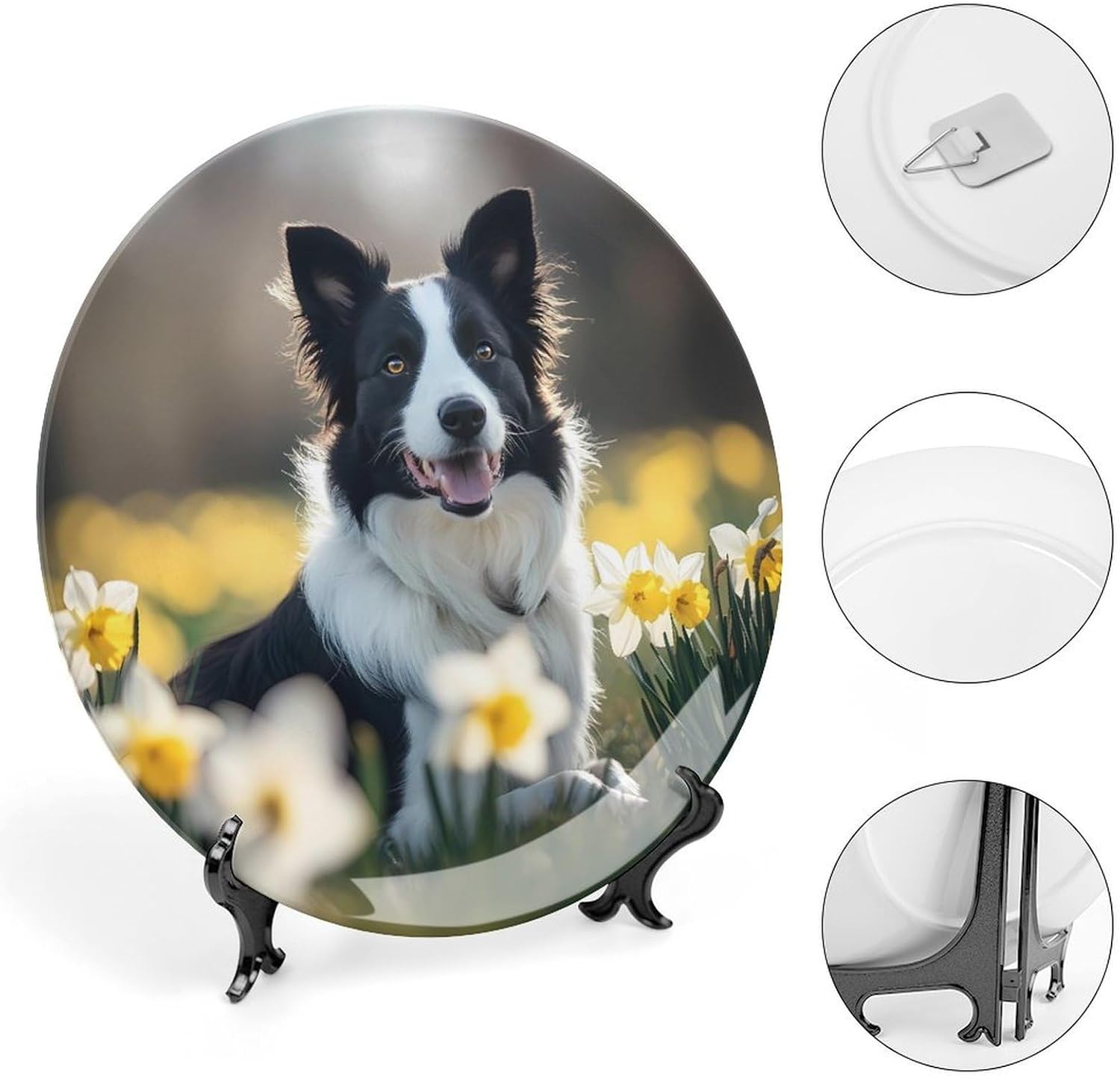 Border Collie Dog Bone China Decorative Plate with Stand Home Dessert Plates Gift for Men Women 6inch