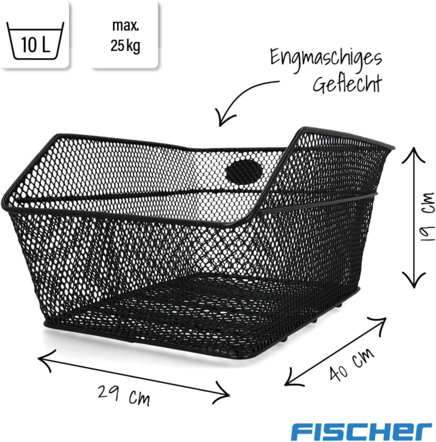 Fischer Gepäckträgerkorb School, Fahrradkorb, engmaschig, diebstahlsicher, für E-Bikes geeignet, Tragkraft 25 kg, schwarz