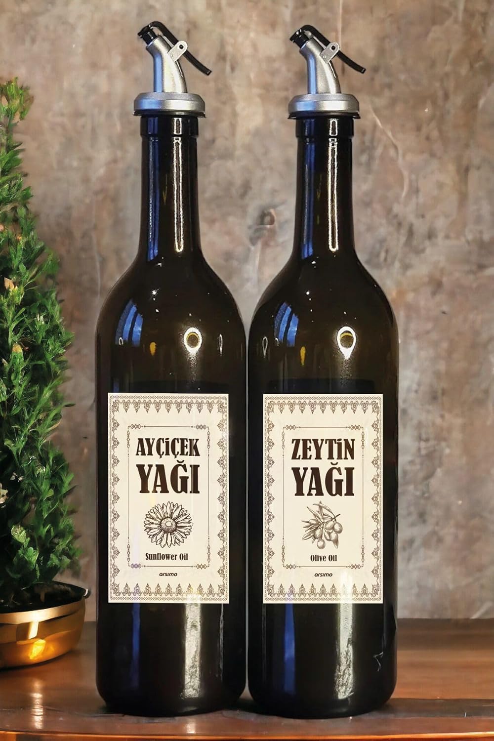 Cam Yağ Şişesi Seti 2'li, 750 mL Zeytinyağı & Ayçiçek Yağı Dispenseri, Su Geçirmez Etiketli, Sızdırmaz Otomatik Dökme Başlıklı, Şık & Dayanıklı Yağlık Yağdanlık Set