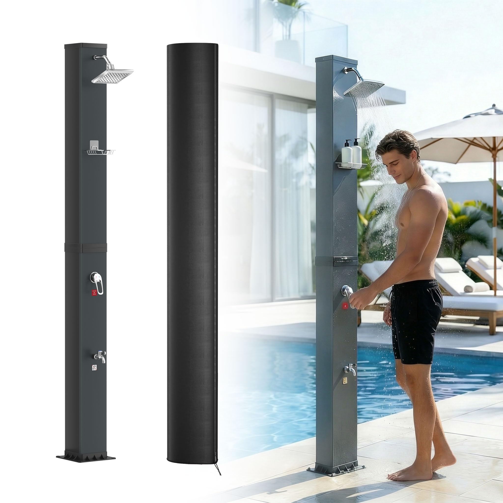UISEBRT Solardusche 40 Liter mit Schutzhaube und 360° Duschkopf,Gartendusche einstellbare Temperatur bis 60°C,Pooldusche mit Fußdusche für Garten, Camping und Außenbereich