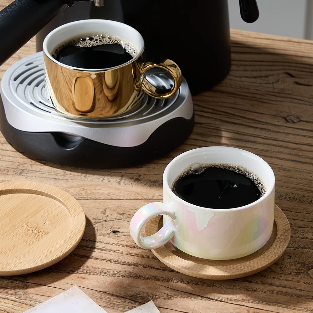 LUKA Porzellan-Espressotasse mit Untertassen und Metallständer, stapelbare Keramik-Demitasse-Espressotassen, Cappuccino-Tassen für Latte, Kaffee, Café, Mokka, Tee, 170 ml, schimmerndes Gold, 4 Stück