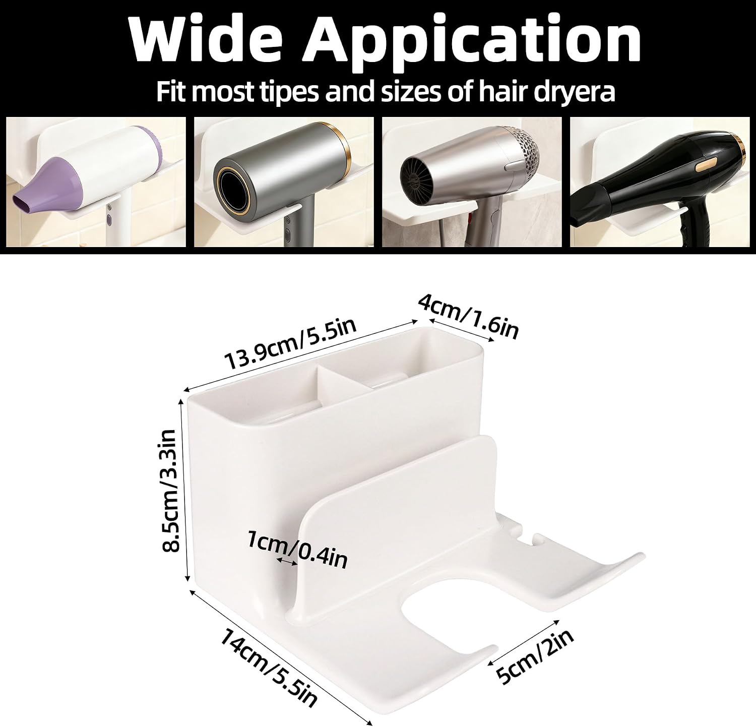 2 Pack Hair Dryer Holder Wall Mount, Self Adhesive Blow Dryer Holder with Cord Organizer for Bathroom Cabinet Wall, Universal Hair Dryer Hanger Storage Rack (White)