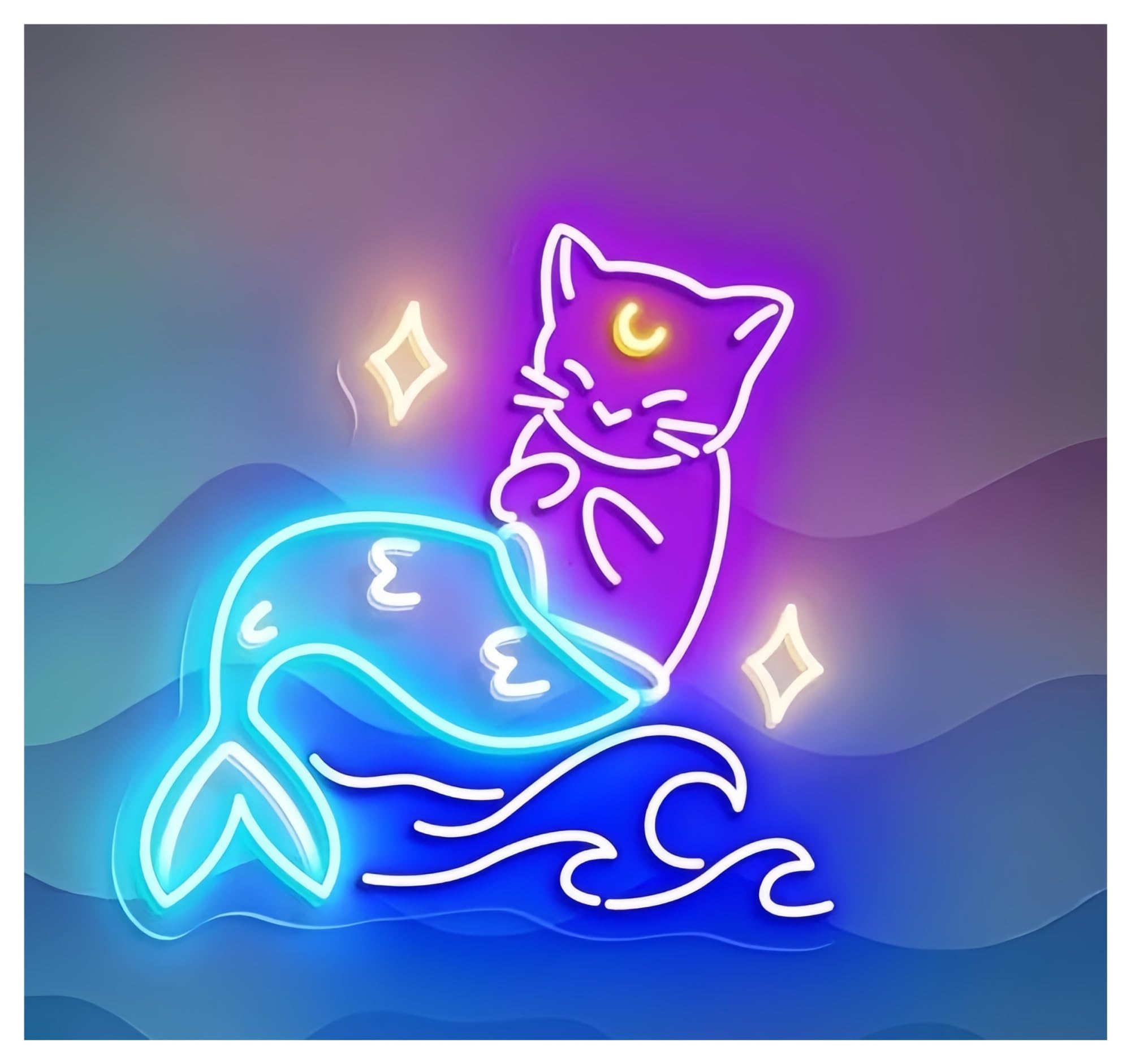 SHOUXI Sign Lamp Mermaid Neon Sign Cat Art Cute Fantasy Wall Decor Whimsical Ocean Themed Kids Room 40cm(B)