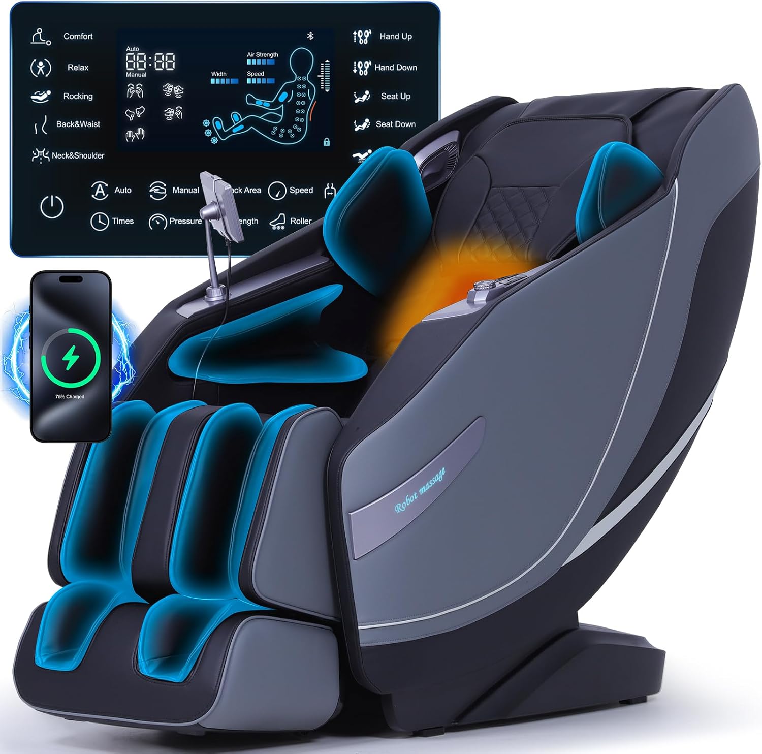 Stylish Massage Chair Full Body Zero Gravity Massage Chair Rocking Sleep Mode 3D SL Yoga Stretch Massage with Heat 12+ Modes Upgraded Calf +11cm Wireless Phone Charge Screen Touch Large Size Black