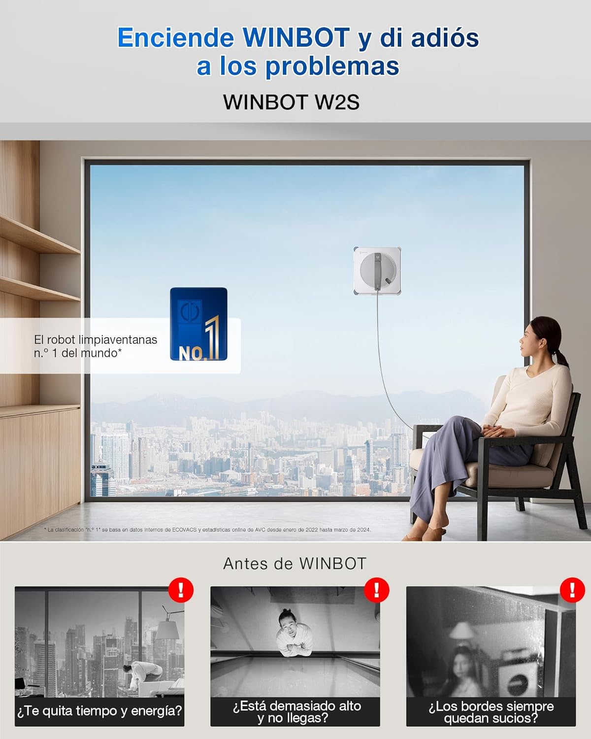 ECOVACS WINBOT W2S Window Cleaning Robot, Intelligent Edge-to-Edge Cleaning with TruEdge Brush, 3 Jet Water Sprayer, 10 Level Protection, Win-Slam 4.0 Trajectory Planning