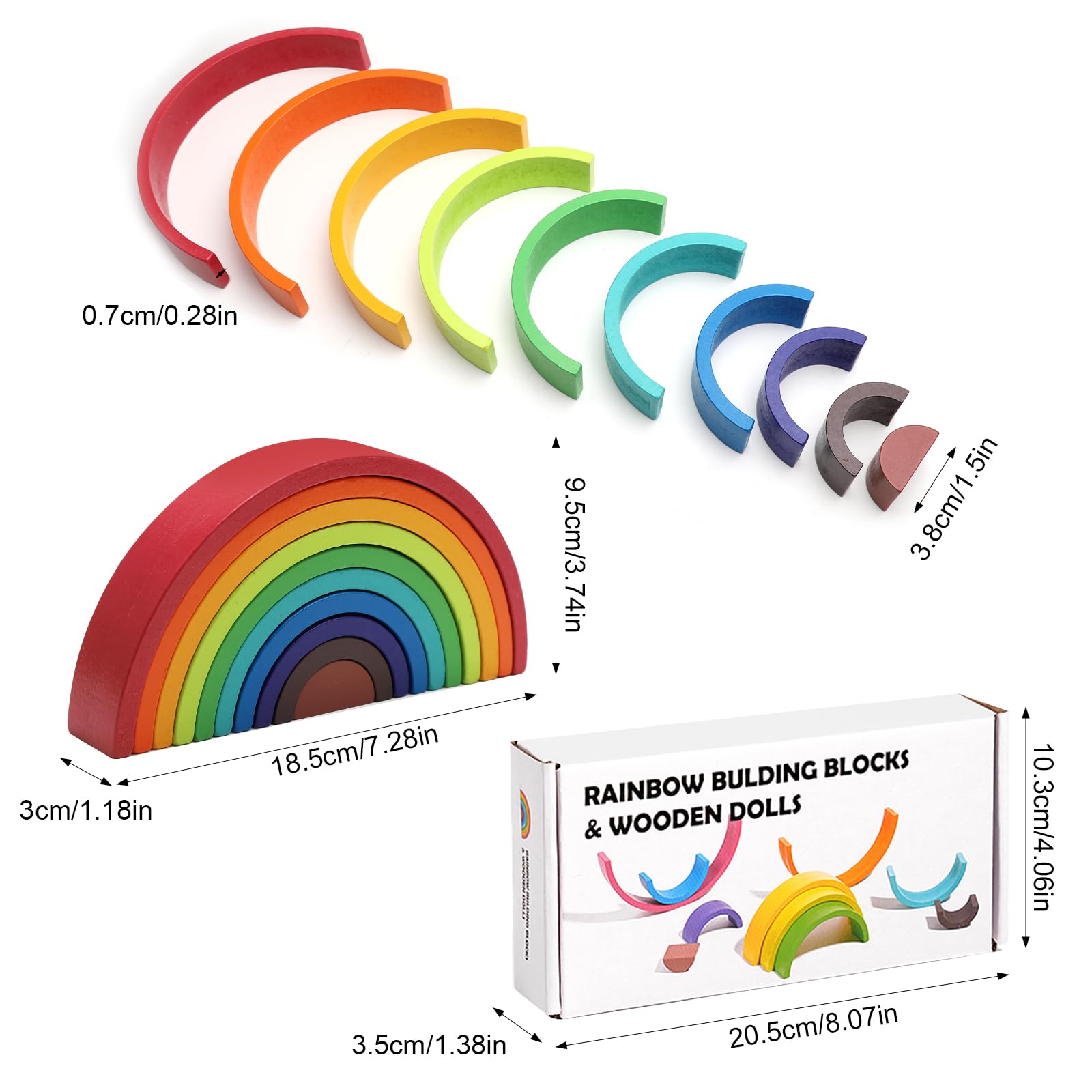 Jouet arc-en-ciel en bois, blocs de construction en bois empilables pour enfants (10 couleurs)