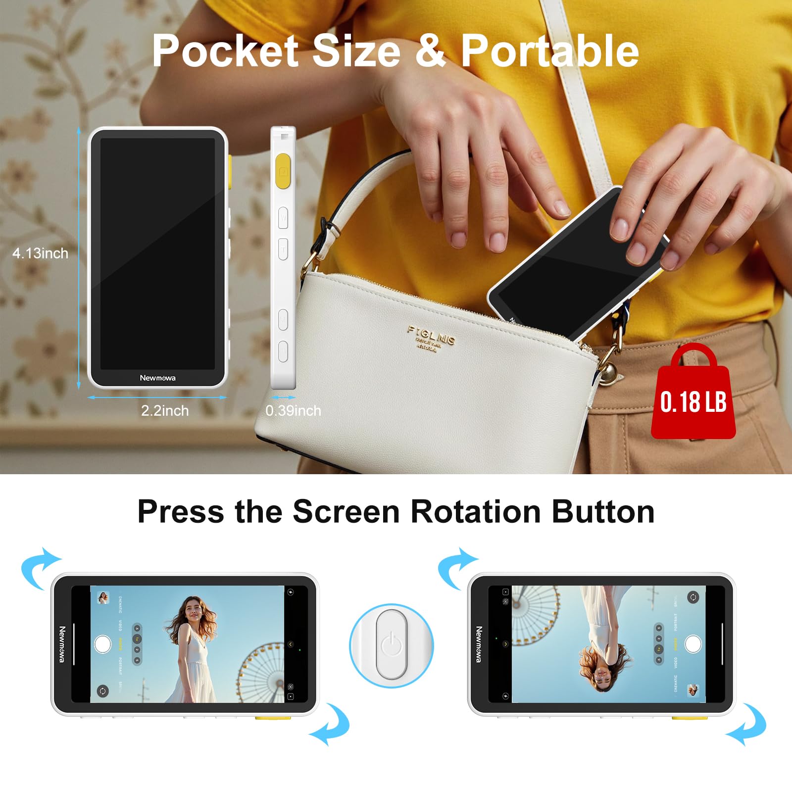 Newmowa magnetischer Handy Selfie Touchscreen Monitor mit Zoom für iPhone | 4K 30fps kabellose Aufnahme nur für iPhone 15/16/17, 4" Handy Selfie Bildschirm für Vlog, TikTok, Weiß
