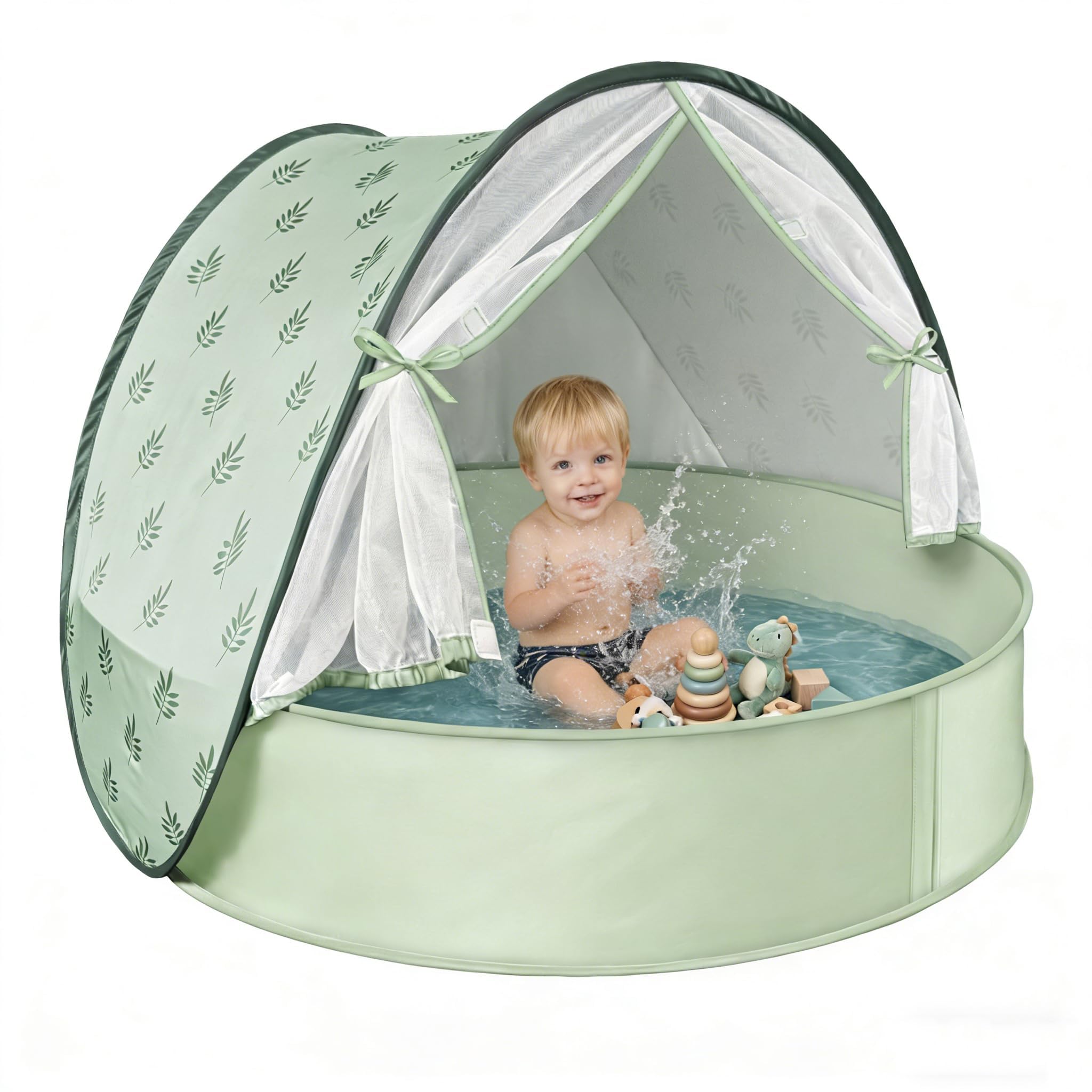 Baby Beach Tent with Pool, 3-in-1 Upgraded Pop-Up UPF 50+ Sun Protection Shelter with Mosquito Net, Portable Summer Essential for Infants and Toddlers Under 3 Years Old, No Rear Mesh Window (Green)