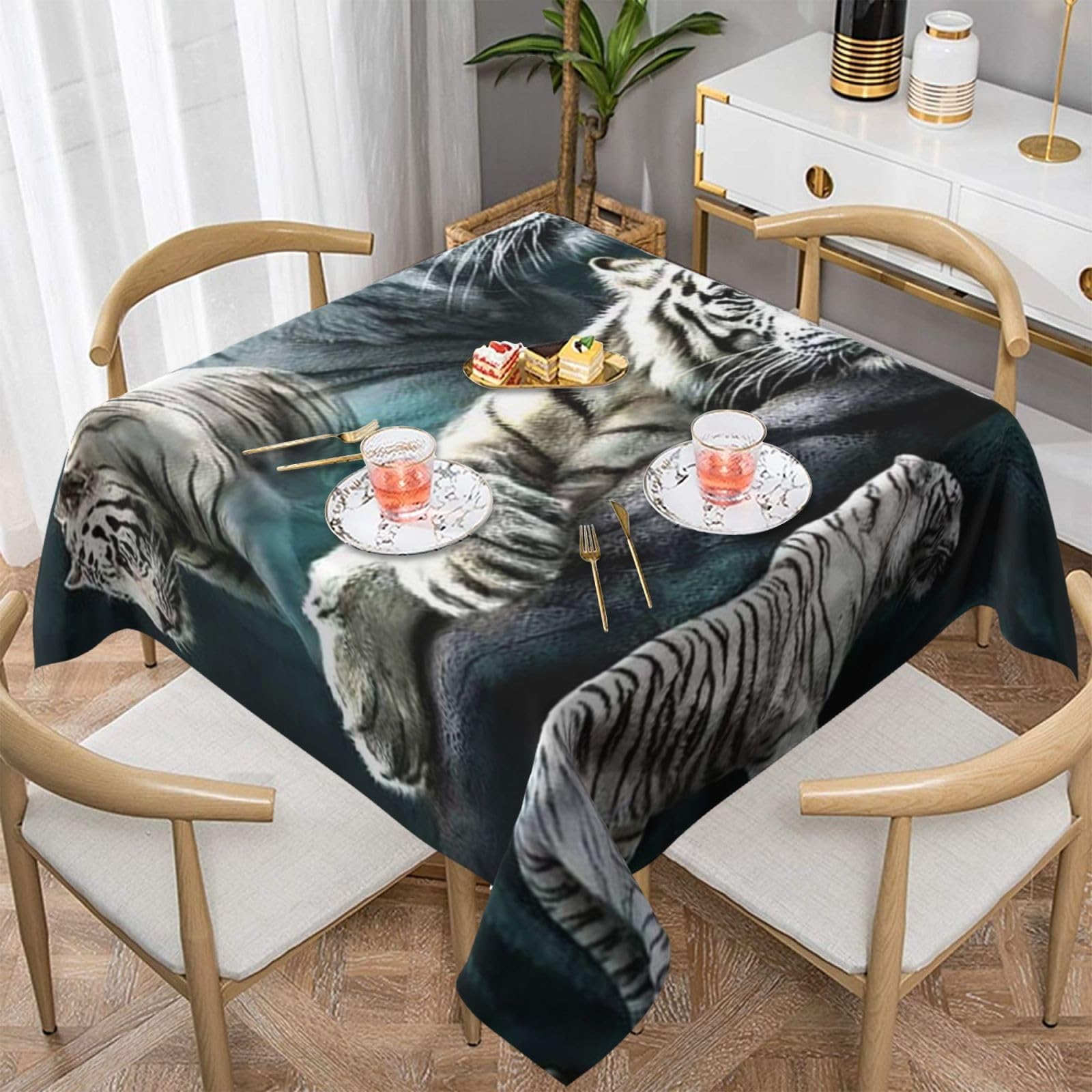 DCEHGEW Many white tigers Prints Square Tablecloth 137x137 CM, Waterproof Fabric Table Cloth for Dining Table, Farmhouse Table Cover for Kitchen Dining Tabletop Decoration
