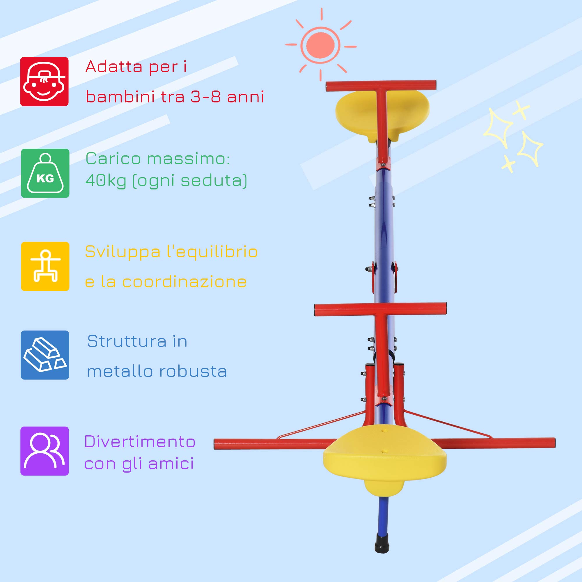 Outsunny Altalena per Bambini Doppia a Bilico Girevole a 360° in Metallo e PP, Età 3-8 Anni, 182x77x63cm Multicolore