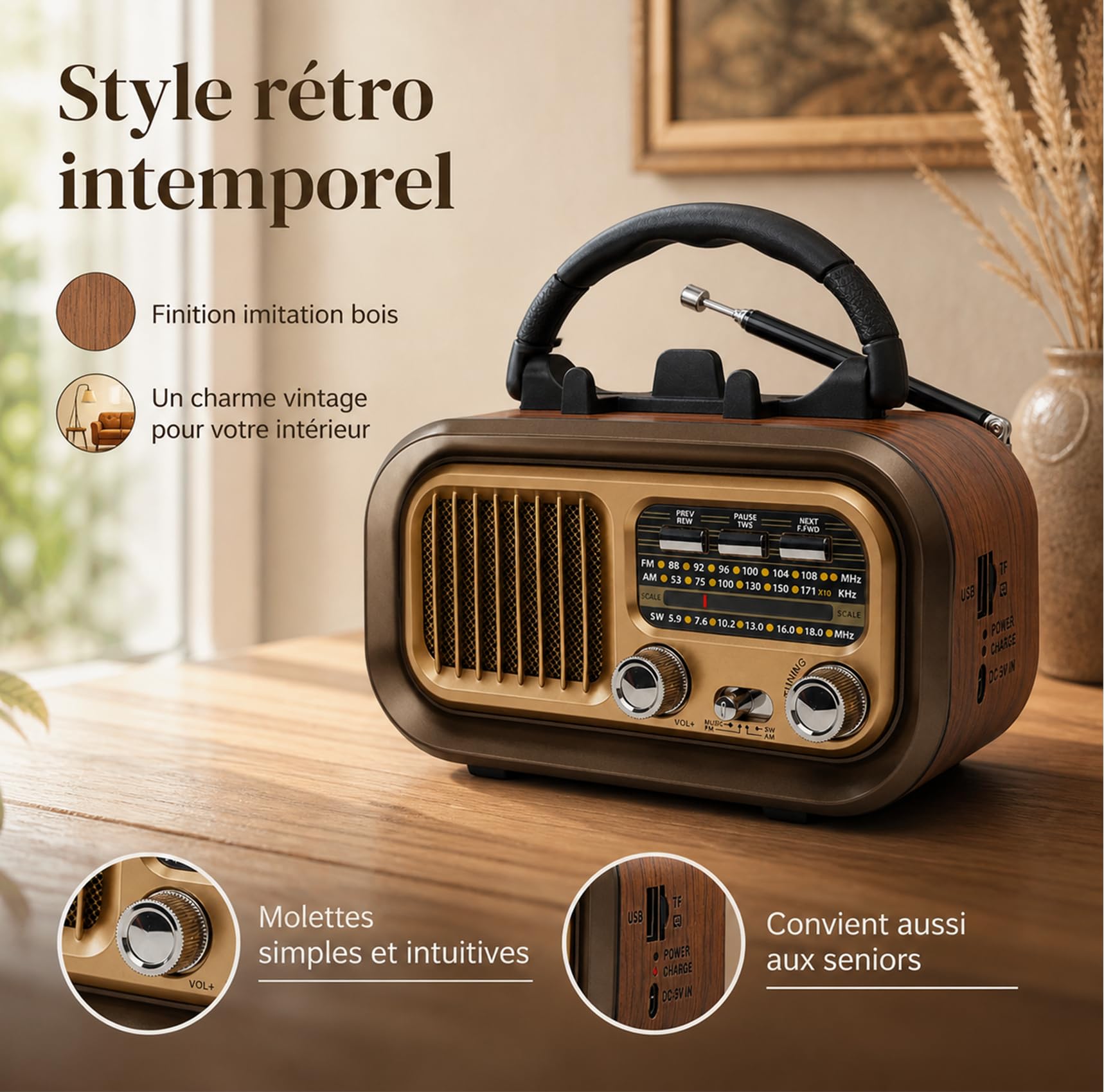 Poste Radio Portable Bluetooth AM/FM/SW, Radio Vintage Rechargeable 1200mAh avec USB/Carte TF/TWS, Radio à Piles D pour Maison, Jardin, Camping et Personnes Âgées