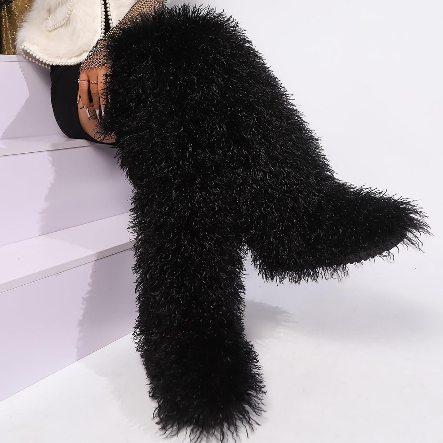 Black Thigh High Fur Boots, Over the Knee Fluffy High Boots, Tall Furry shoes for Women