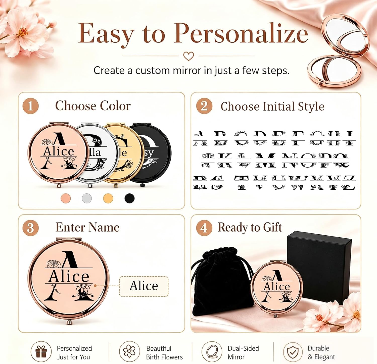 Personalized Compact Mirror for Women, Birth Flower Name Bridesmaid Gift image 4